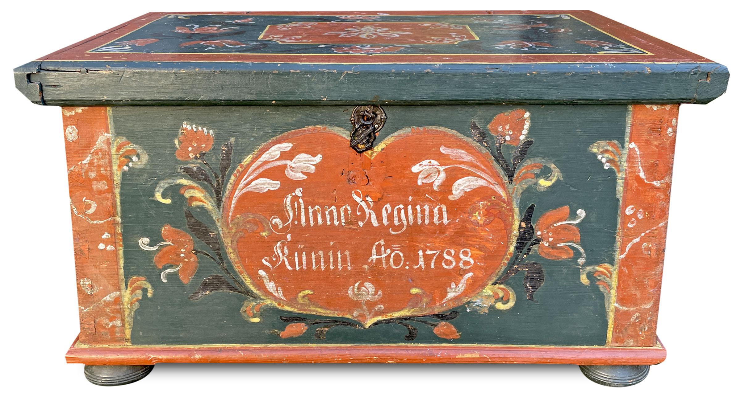 Red and Blu Floral Painted Little Blanket Chest, 1788 Alps, Central Europe 5