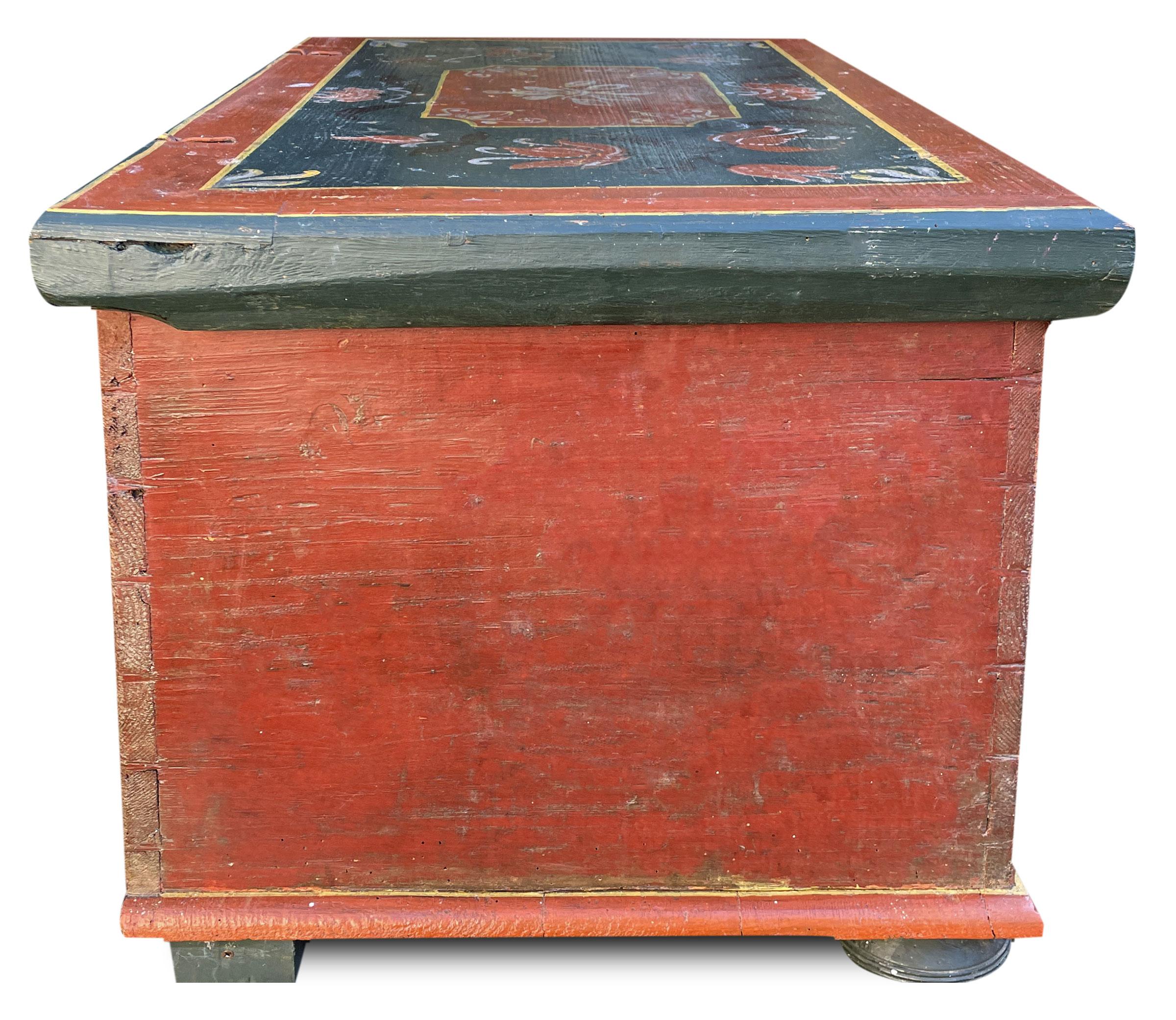 Red and Blu Floral Painted Little Blanket Chest, 1788 Alps, Central Europe 2