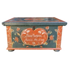 Red and Blu Floral Painted Little Blanket Chest, 1788 Alps, Central Europe