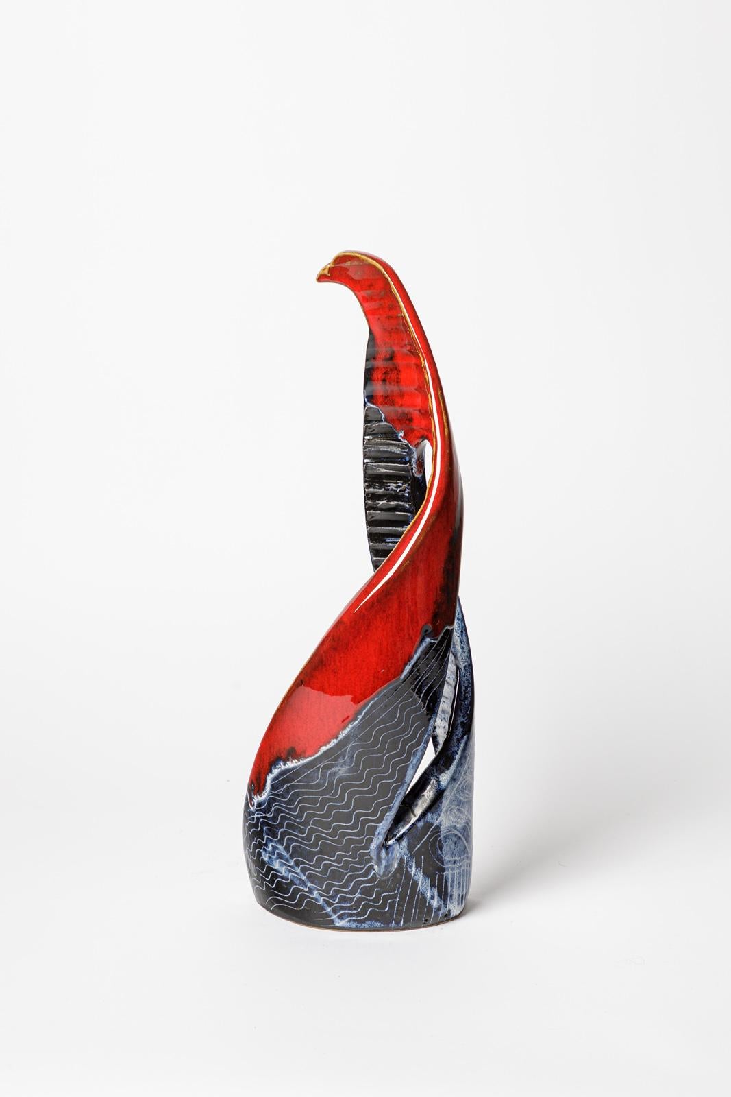 Mid-Century Modern Red and Blue 20th Century Abstract Ceramic Bird Sculpture by Jean Austruy 1950 For Sale