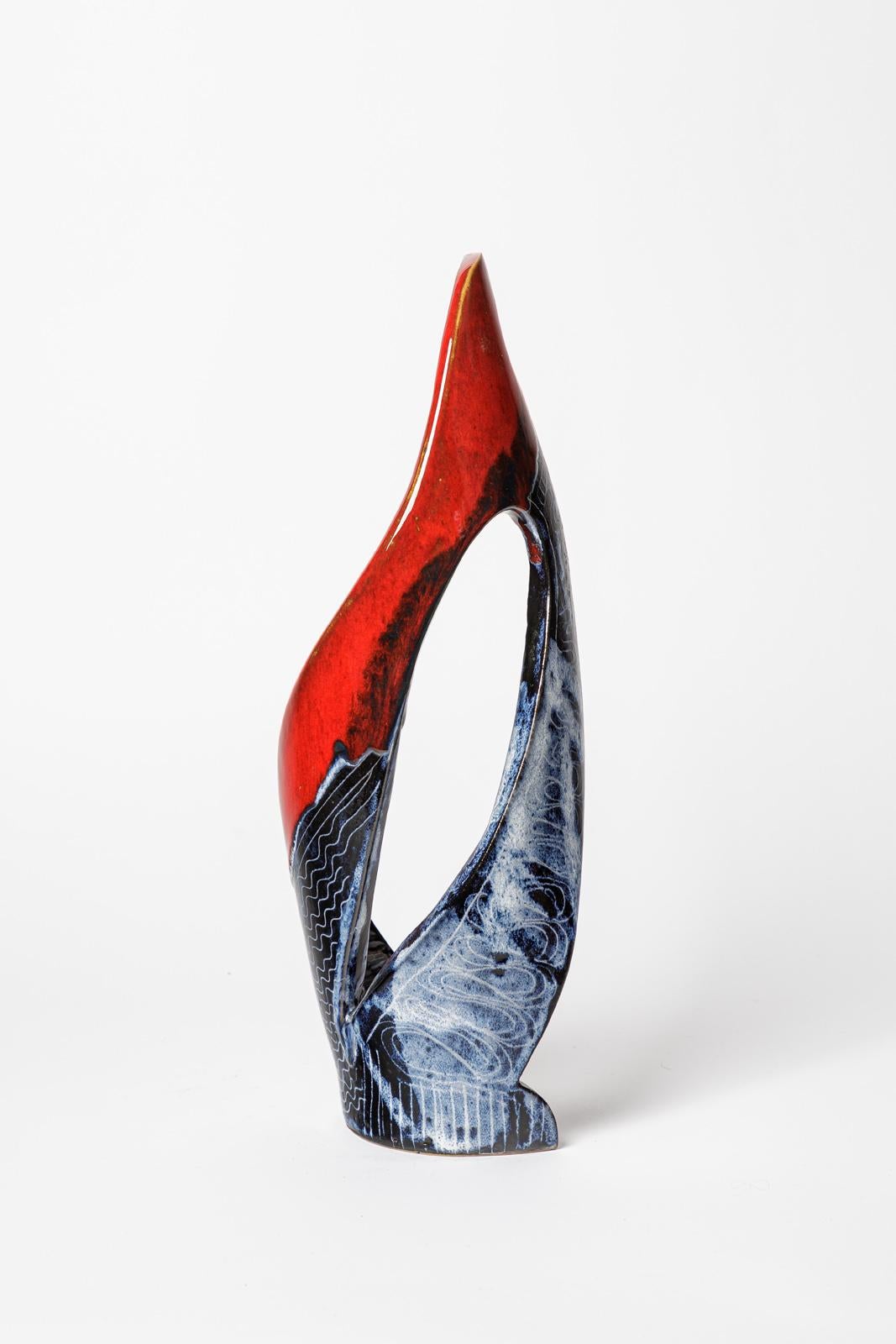 French Red and Blue 20th Century Abstract Ceramic Bird Sculpture by Jean Austruy 1950 For Sale