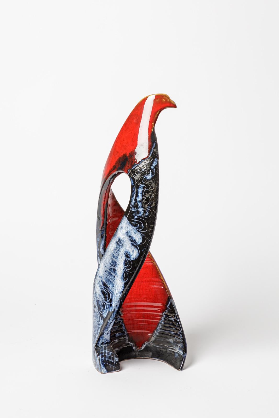 Red and Blue 20th Century Abstract Ceramic Bird Sculpture by Jean Austruy 1950 In Excellent Condition For Sale In Neuilly-en- sancerre, FR