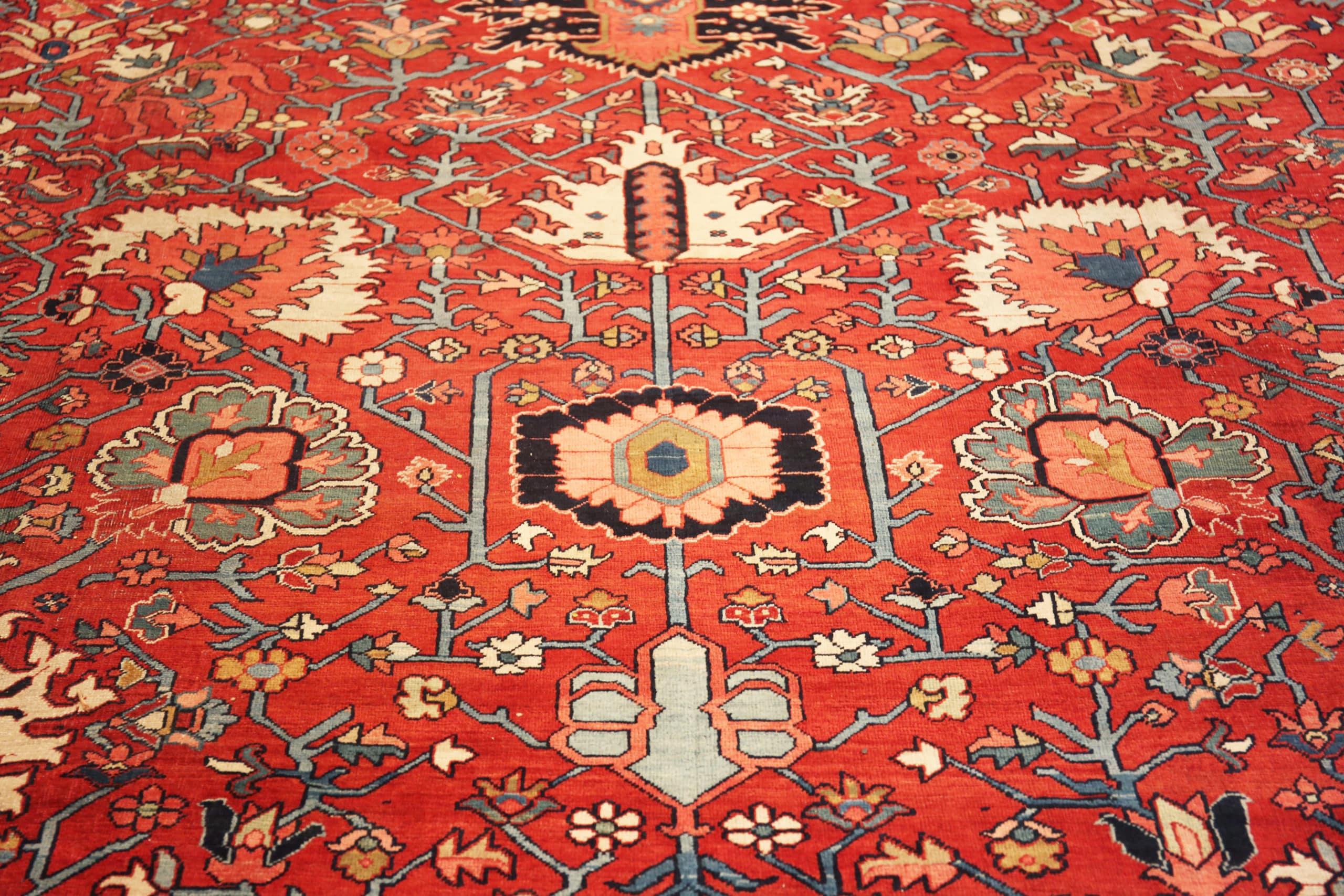 Wool Red And Blue Allover Geometric Oversized Antique Persian Heriz 13'5