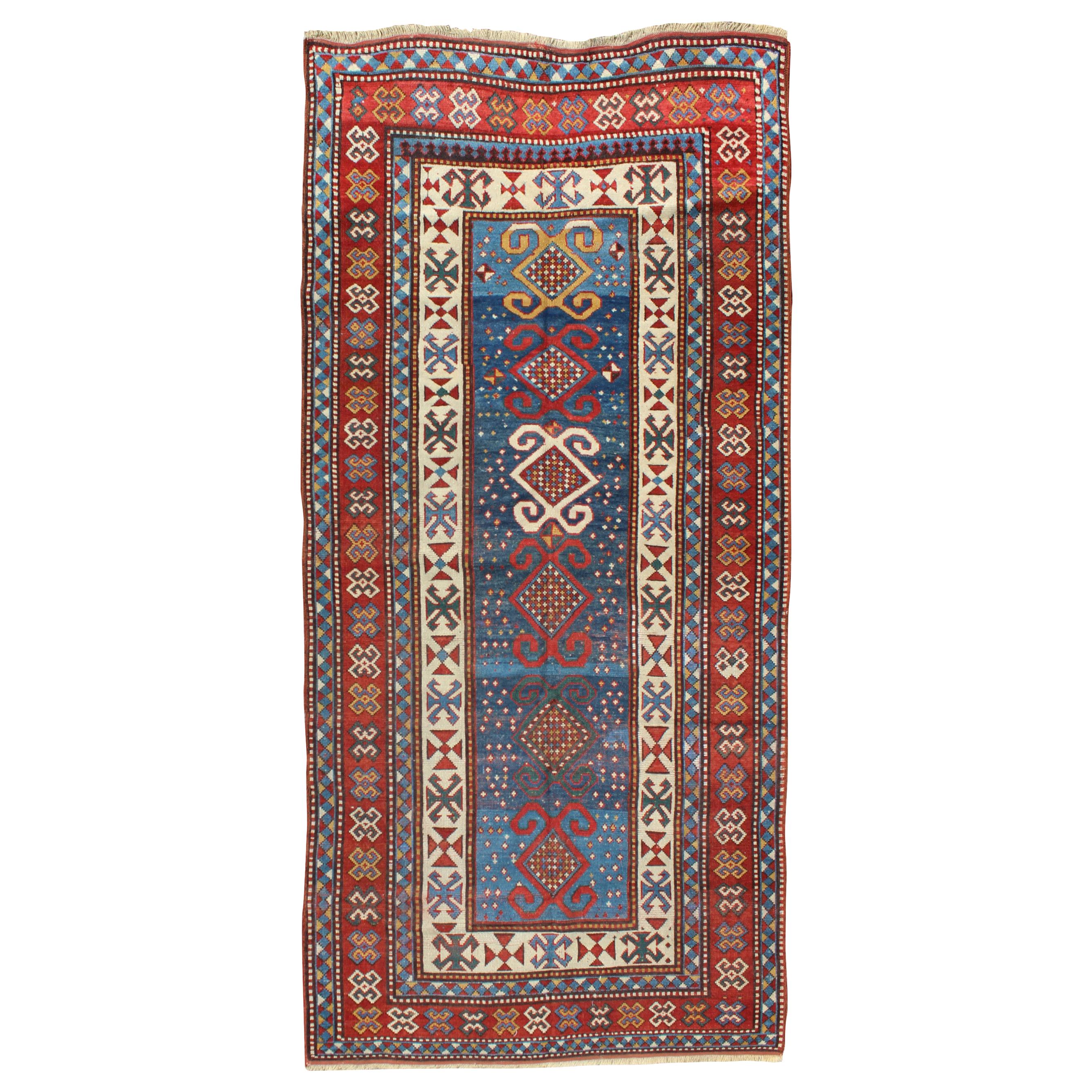 Roter und blauer antiker kaukasischer Kazak-Teppich mit vertikalen Stammesmedaillons