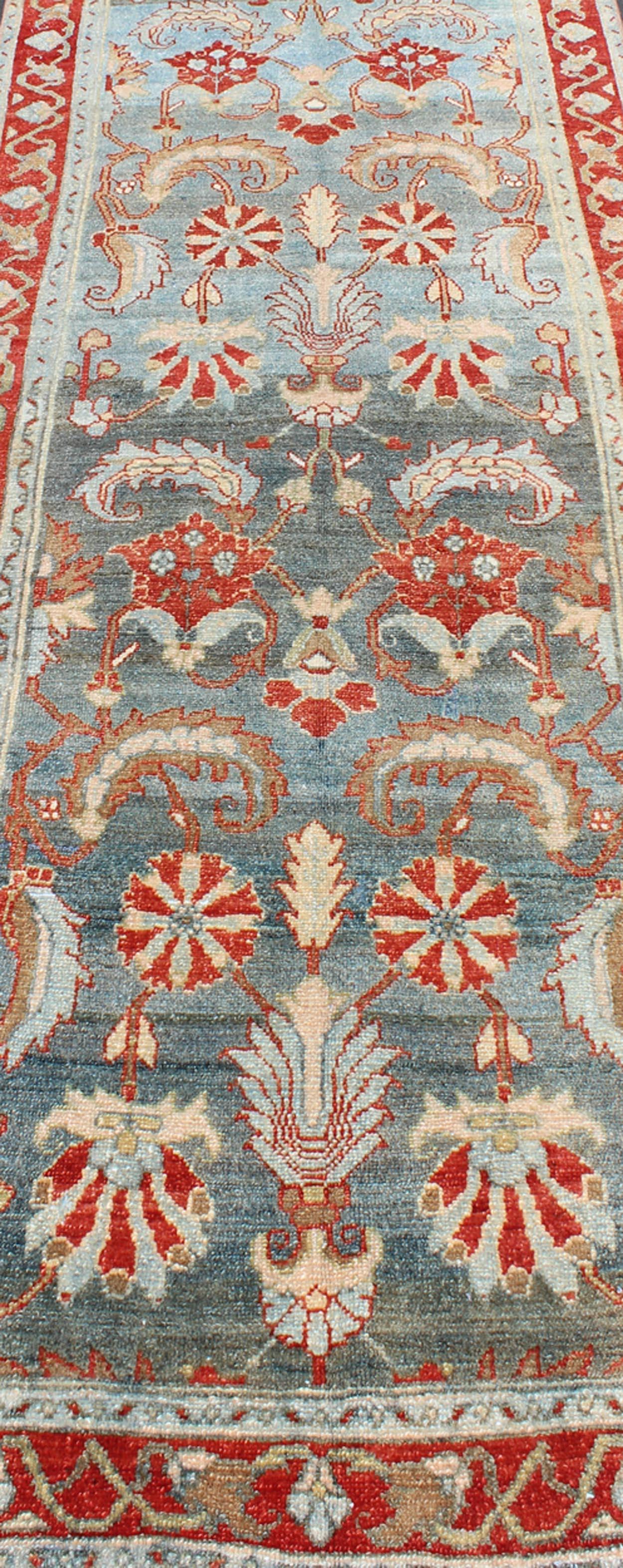 Red and Blue Antique Persian Hamedan Runner with All-Over Geometric Design For Sale 5