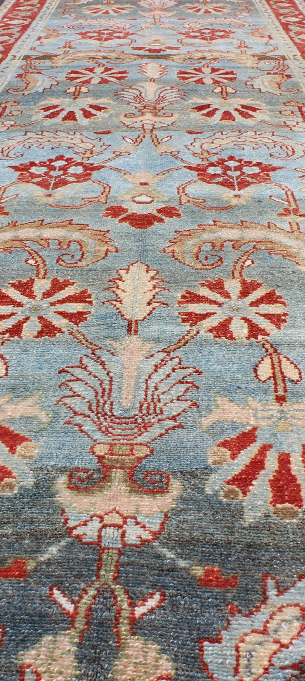 Red and Blue Antique Persian Hamedan Runner with All-Over Geometric Design For Sale 6