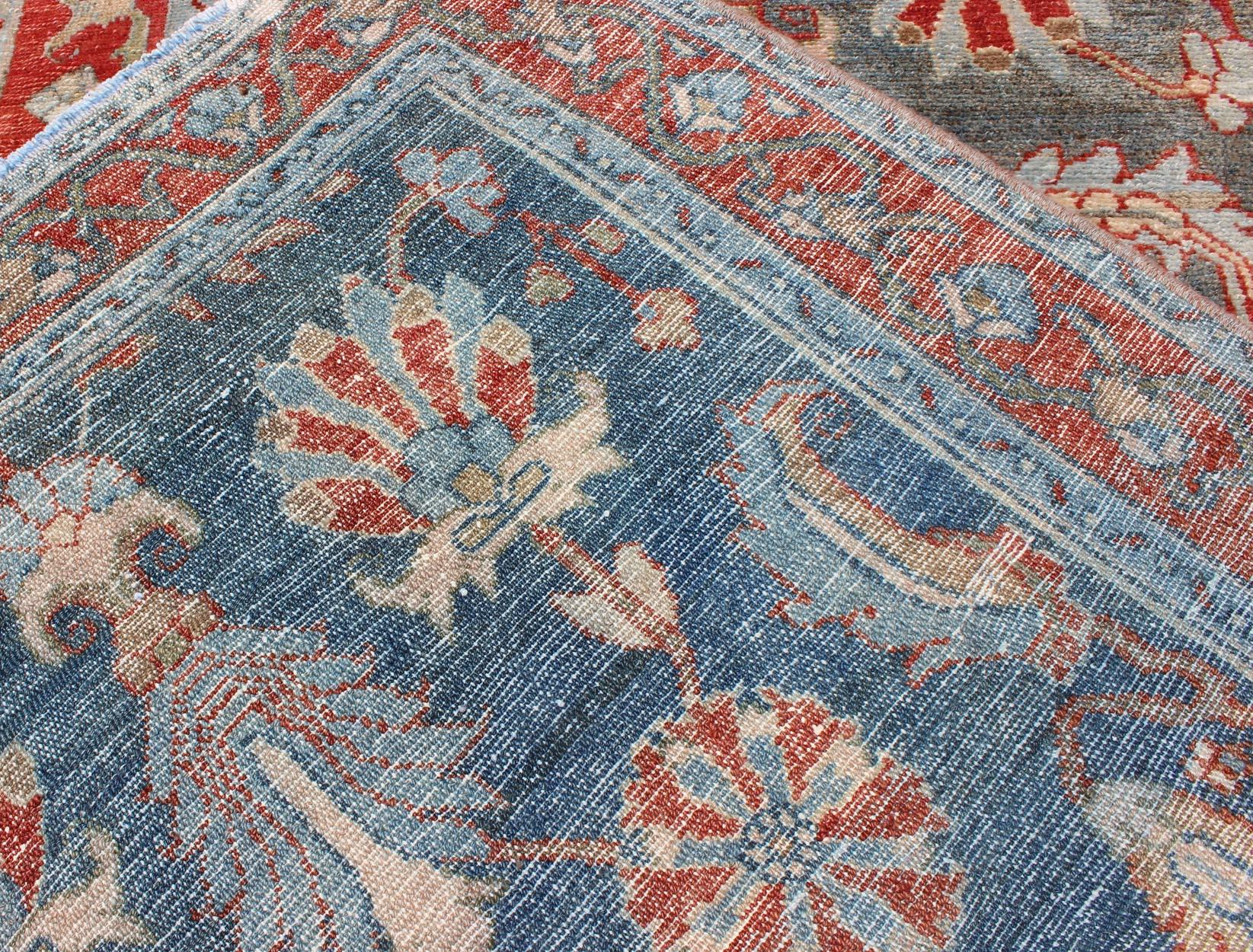 Red and Blue Antique Persian Hamedan Runner with All-Over Geometric Design For Sale 7