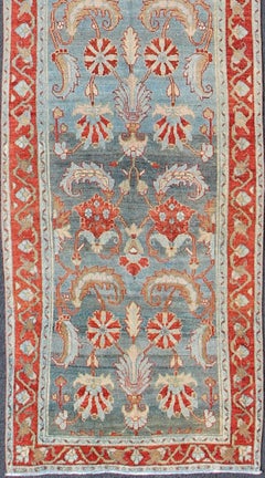 Antique Persian Hamadan Runner Featuring Soft Blue Field with Red Rosette