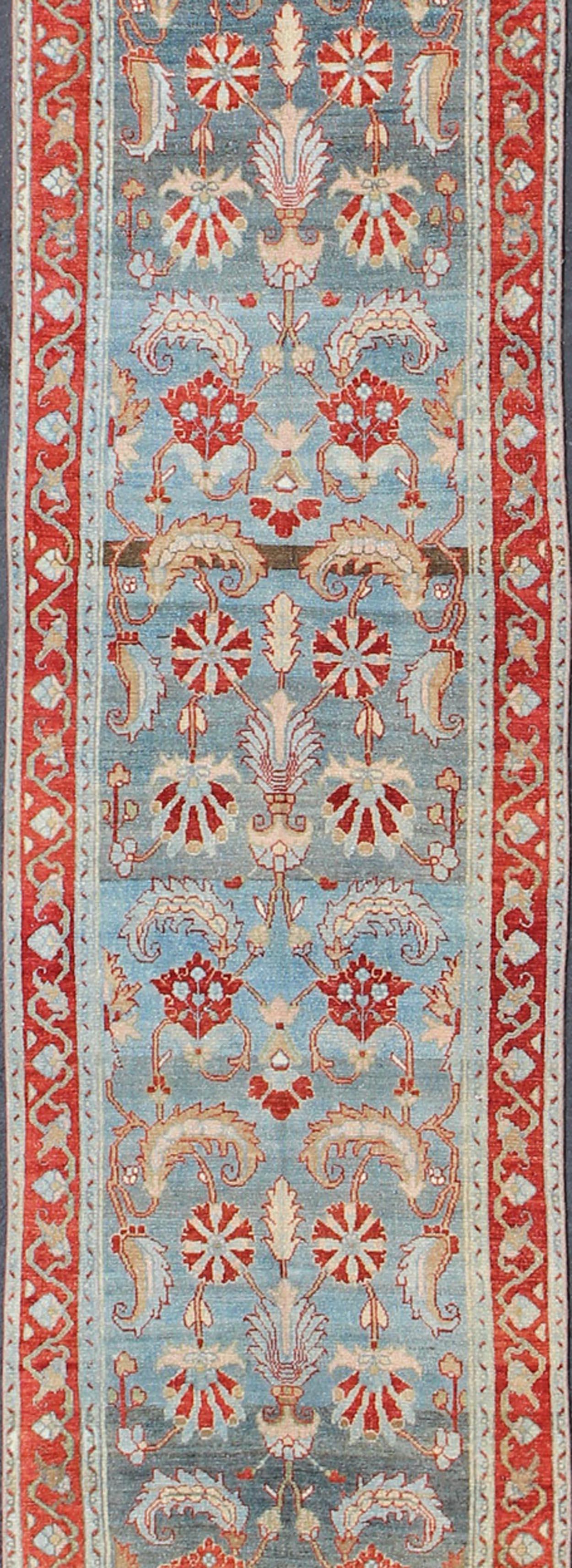 Tribal Red and Blue Antique Persian Hamedan Runner with All-Over Geometric Design For Sale