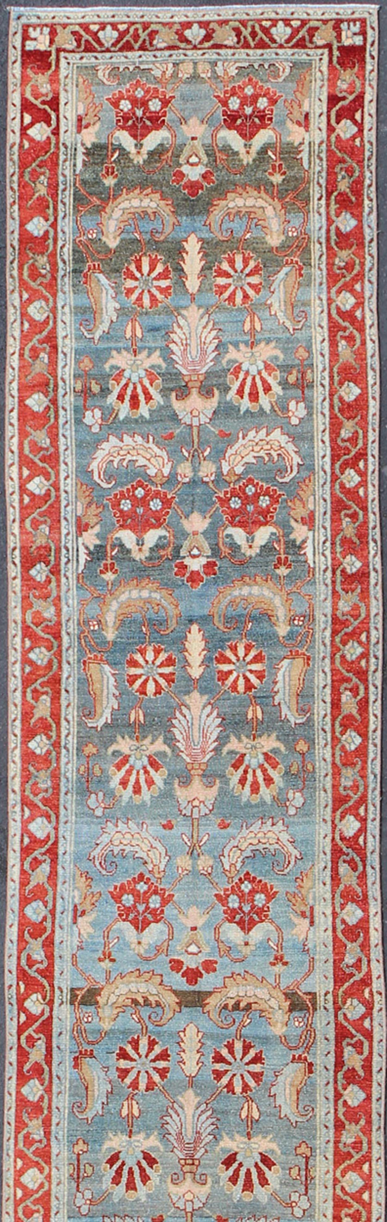 Hand-Knotted Red and Blue Antique Persian Hamedan Runner with All-Over Geometric Design For Sale