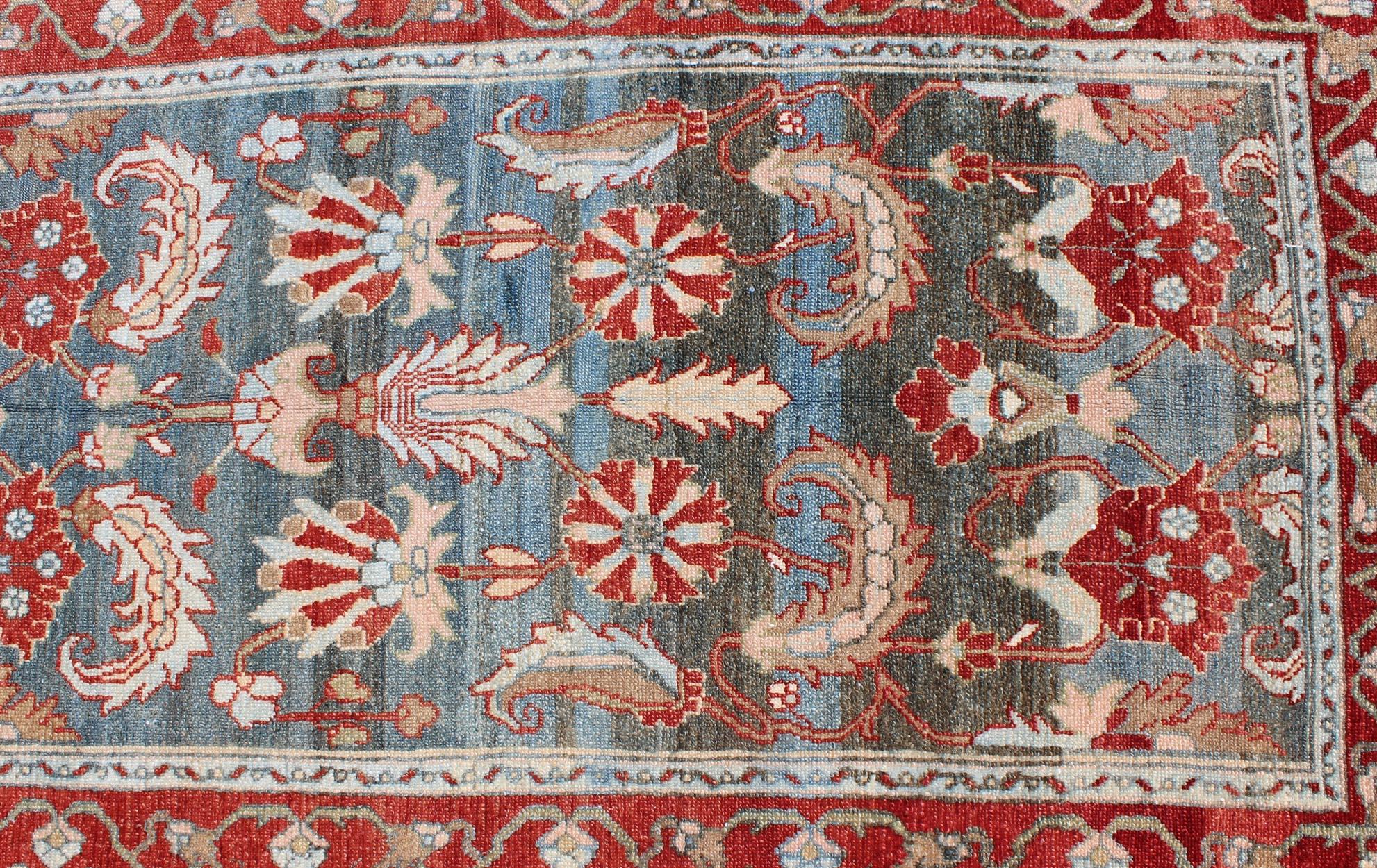 Wool Red and Blue Antique Persian Hamedan Runner with All-Over Geometric Design For Sale