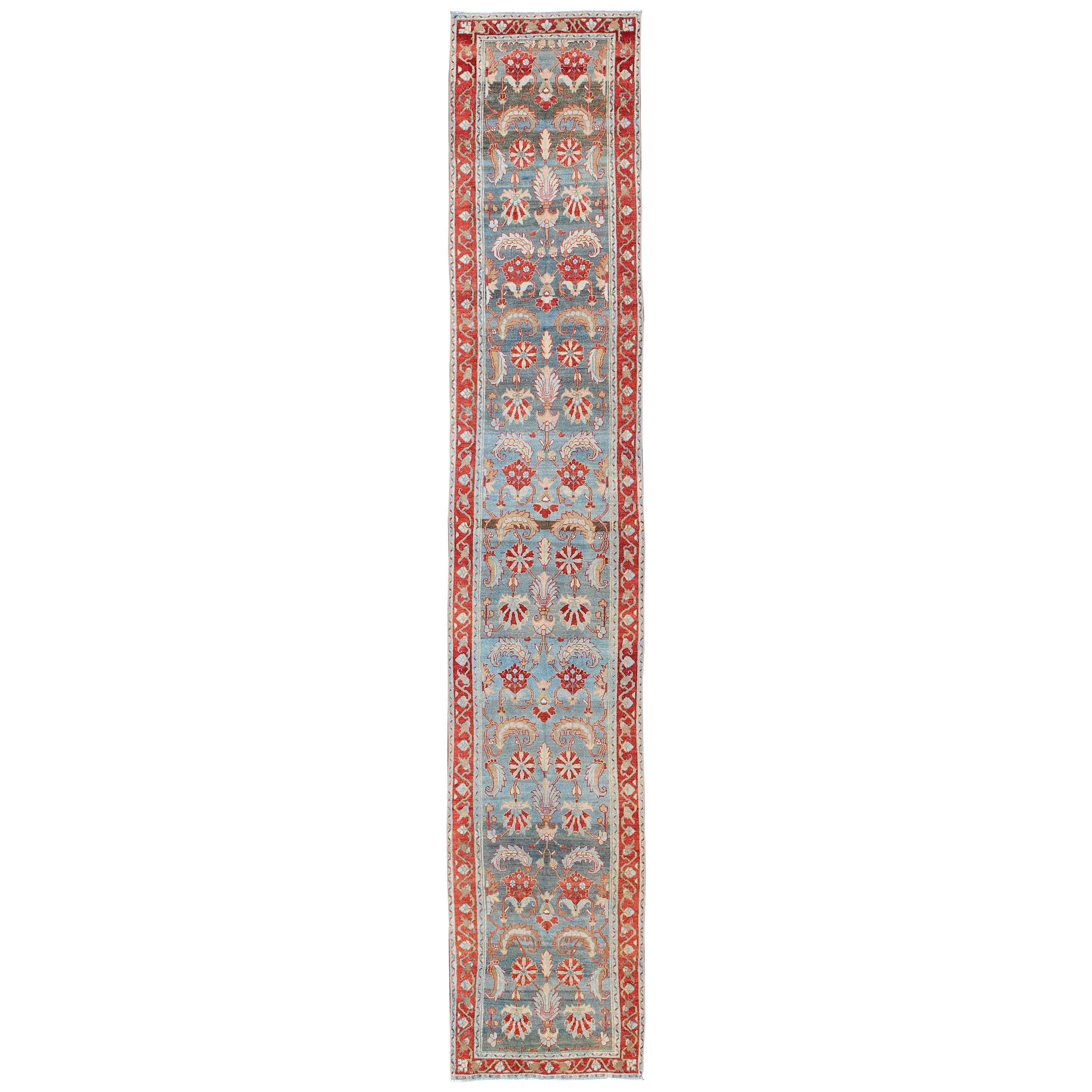 Red and Blue Antique Persian Hamedan Runner with All-Over Geometric Design For Sale