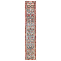 Red and Blue Antique Persian Hamedan Runner with All-Over Geometric Design