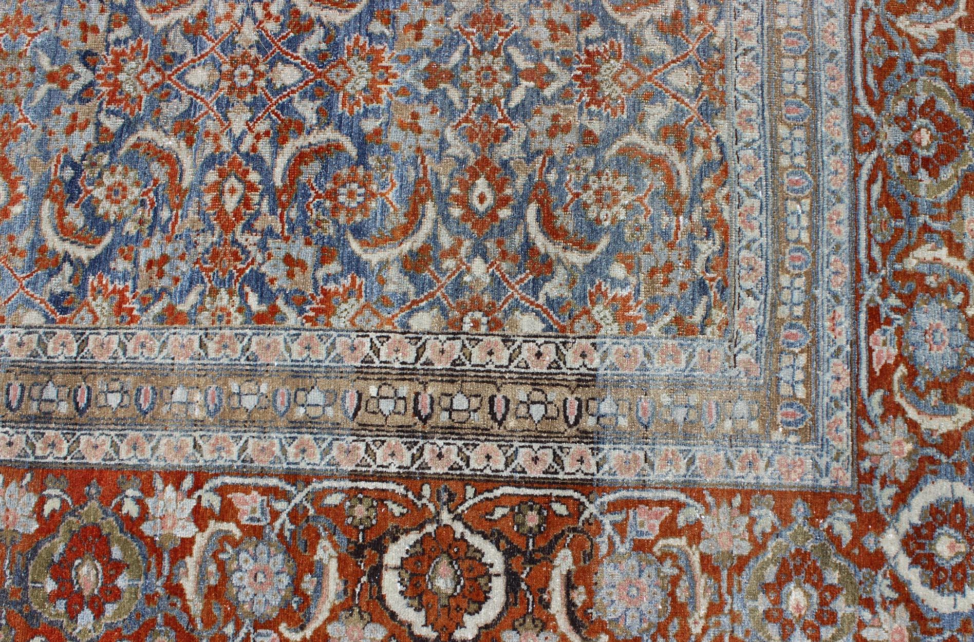 Light Blue and Red Antique Tabriz Rug  with All Over Herati Design For Sale 2