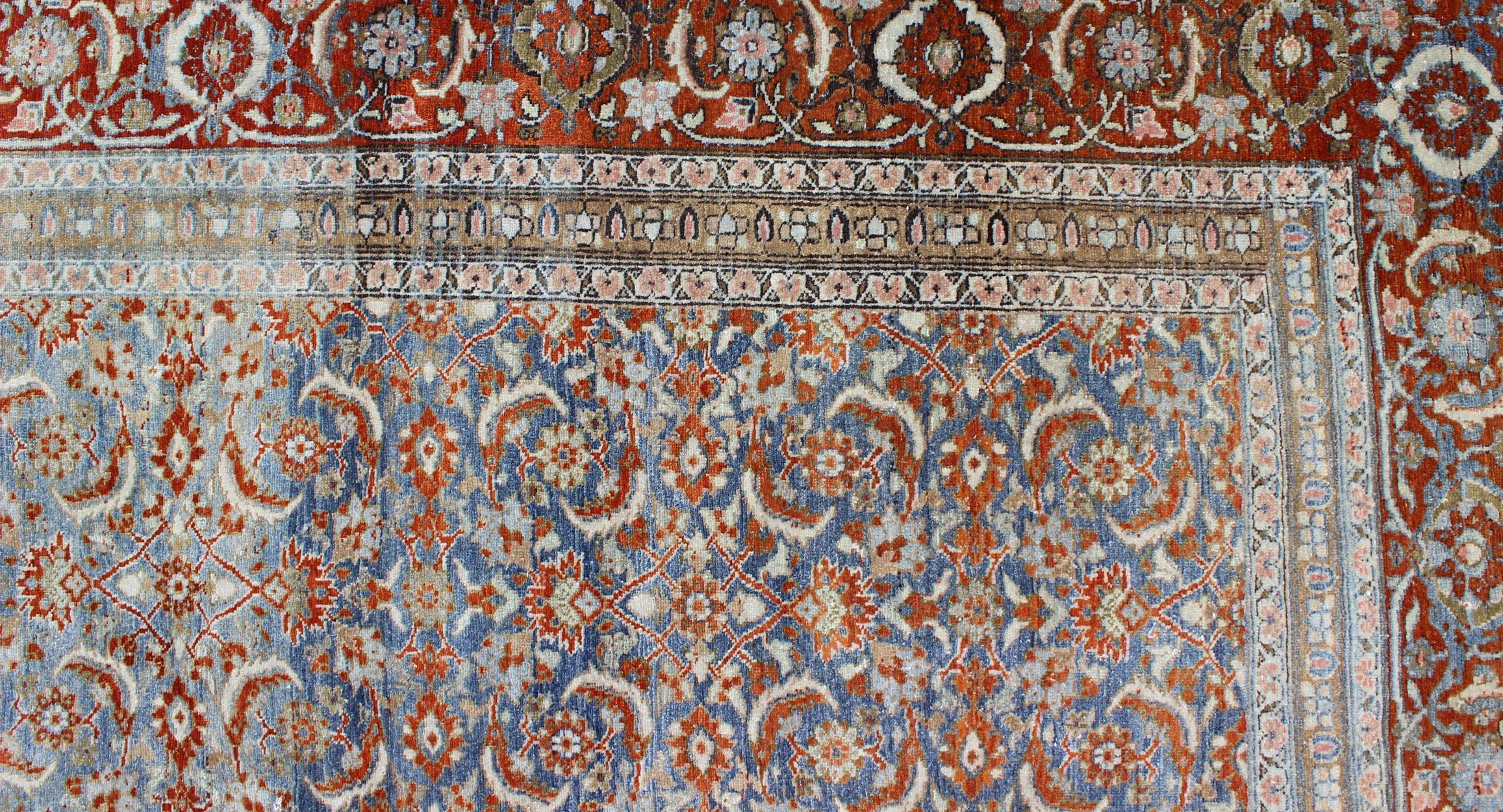 Light Blue and Red Antique Tabriz Rug  with All Over Herati Design For Sale 6