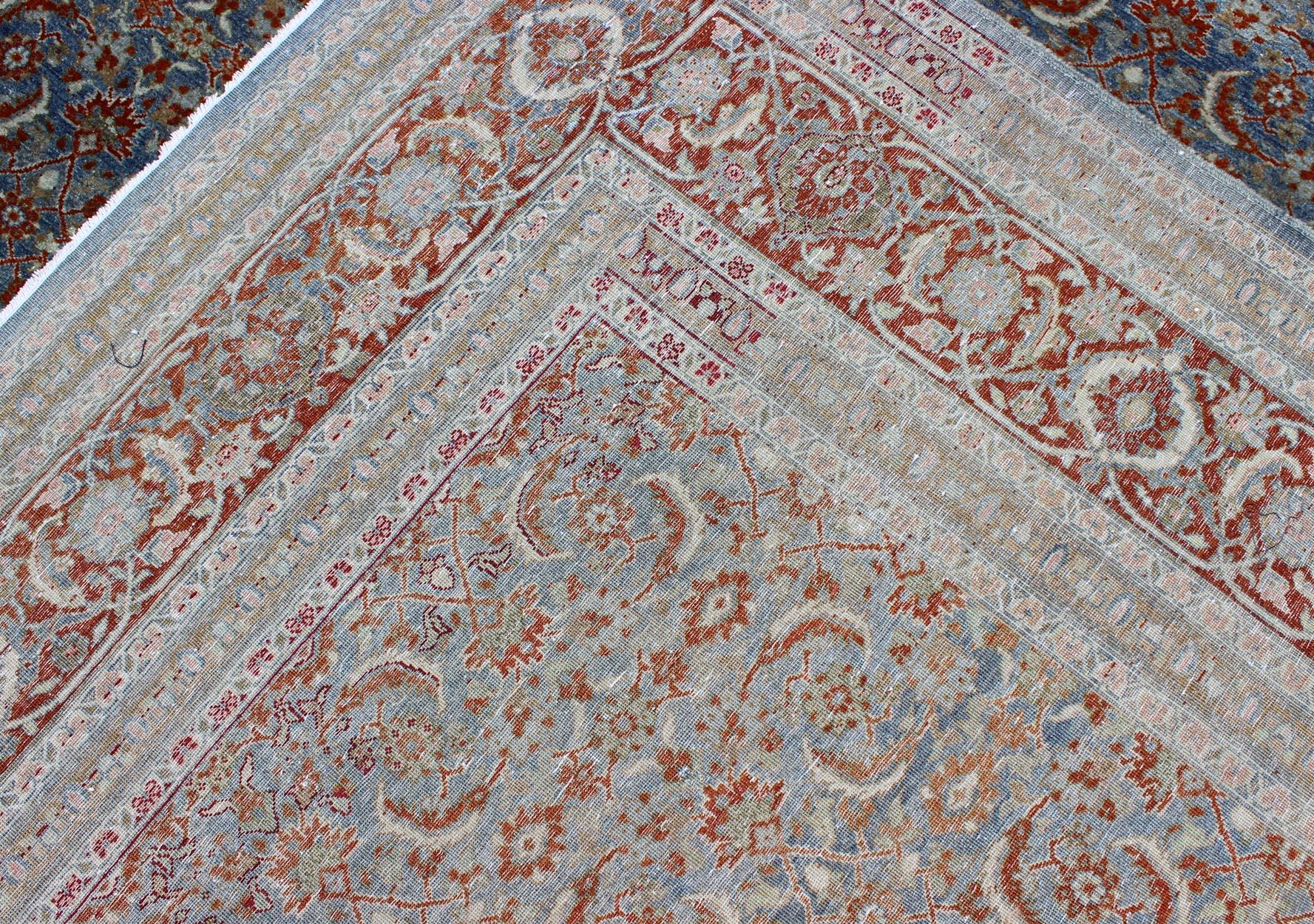 Light Blue and Red Antique Tabriz Rug  with All Over Herati Design For Sale 7