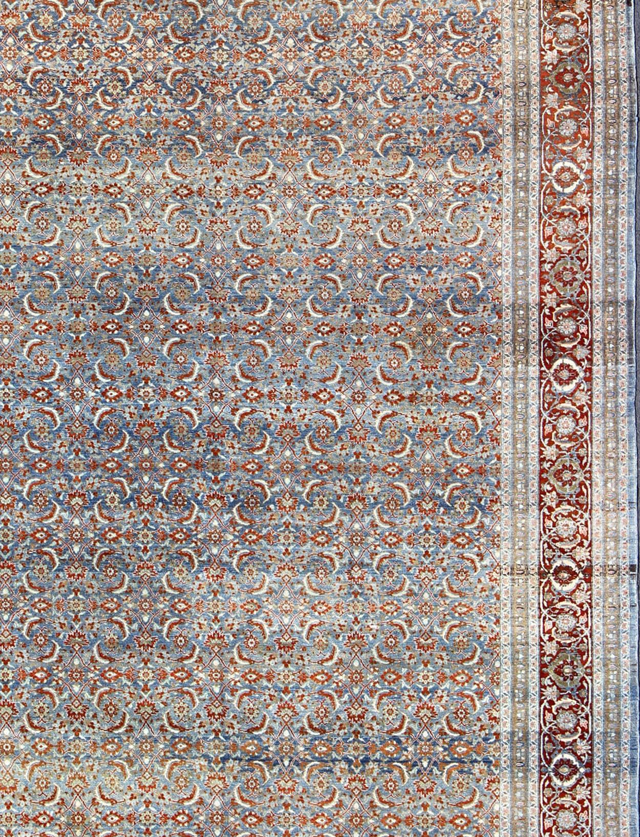 Persian Light Blue and Red Antique Tabriz Rug  with All Over Herati Design For Sale