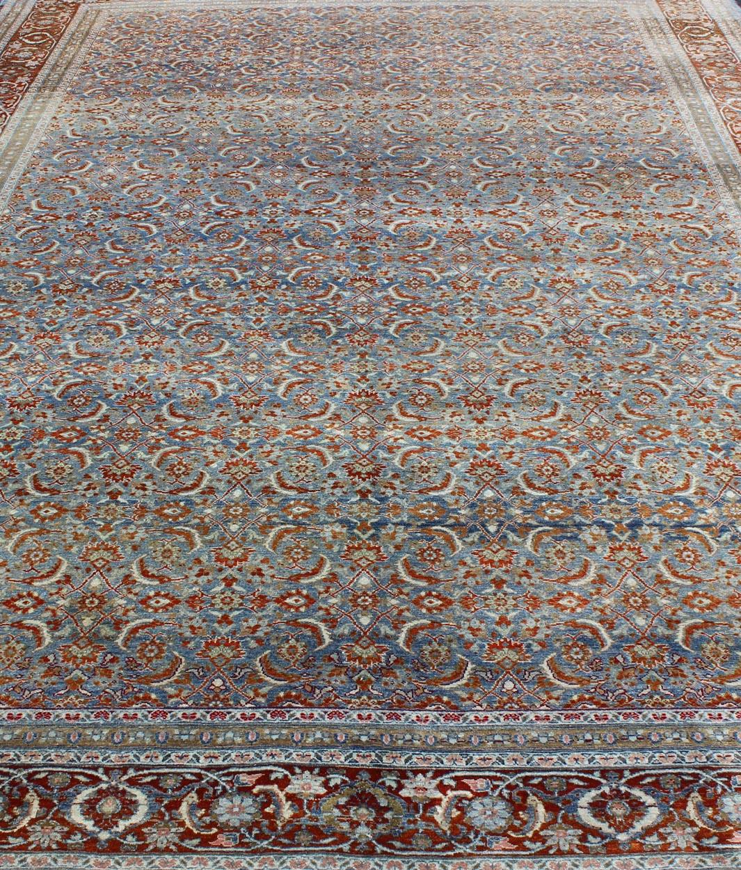Hand-Knotted Light Blue and Red Antique Tabriz Rug  with All Over Herati Design For Sale