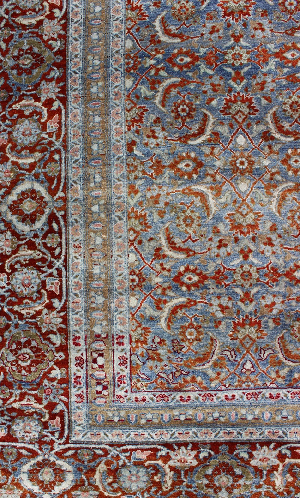Light Blue and Red Antique Tabriz Rug  with All Over Herati Design In Good Condition For Sale In Atlanta, GA