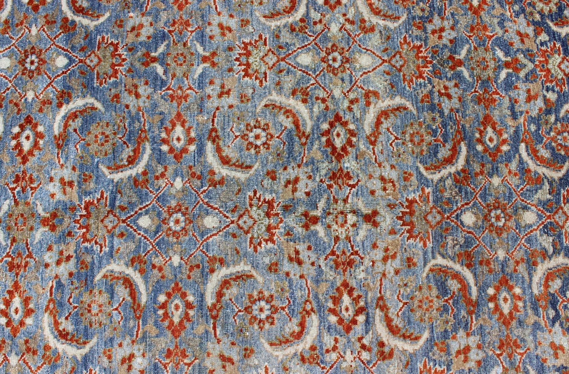 Wool Light Blue and Red Antique Tabriz Rug  with All Over Herati Design For Sale