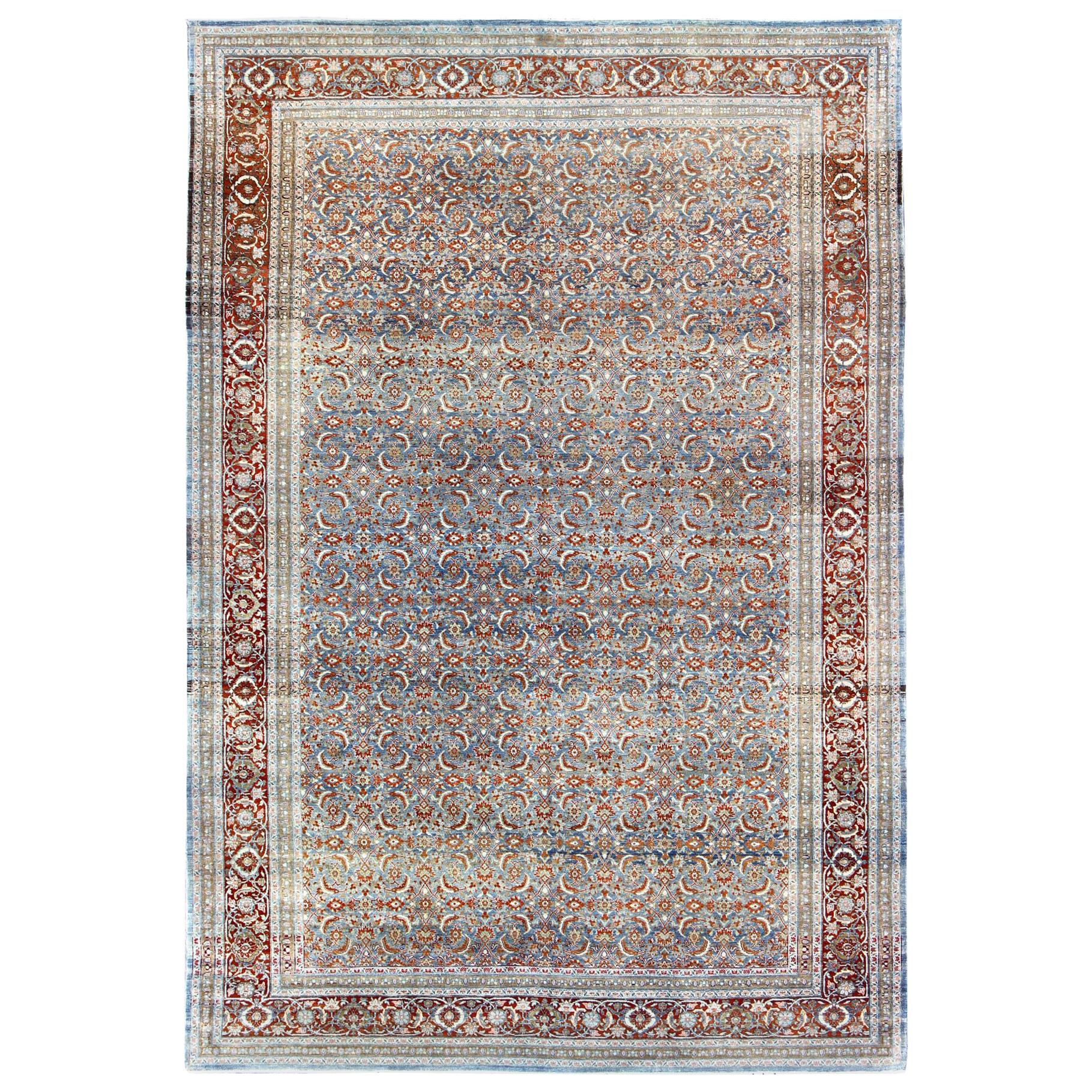 Light Blue and Red Antique Tabriz Rug  with All Over Herati Design For Sale