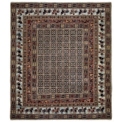 Red and Blue Contemporary Handmade Wool Turkish Oushak Rug