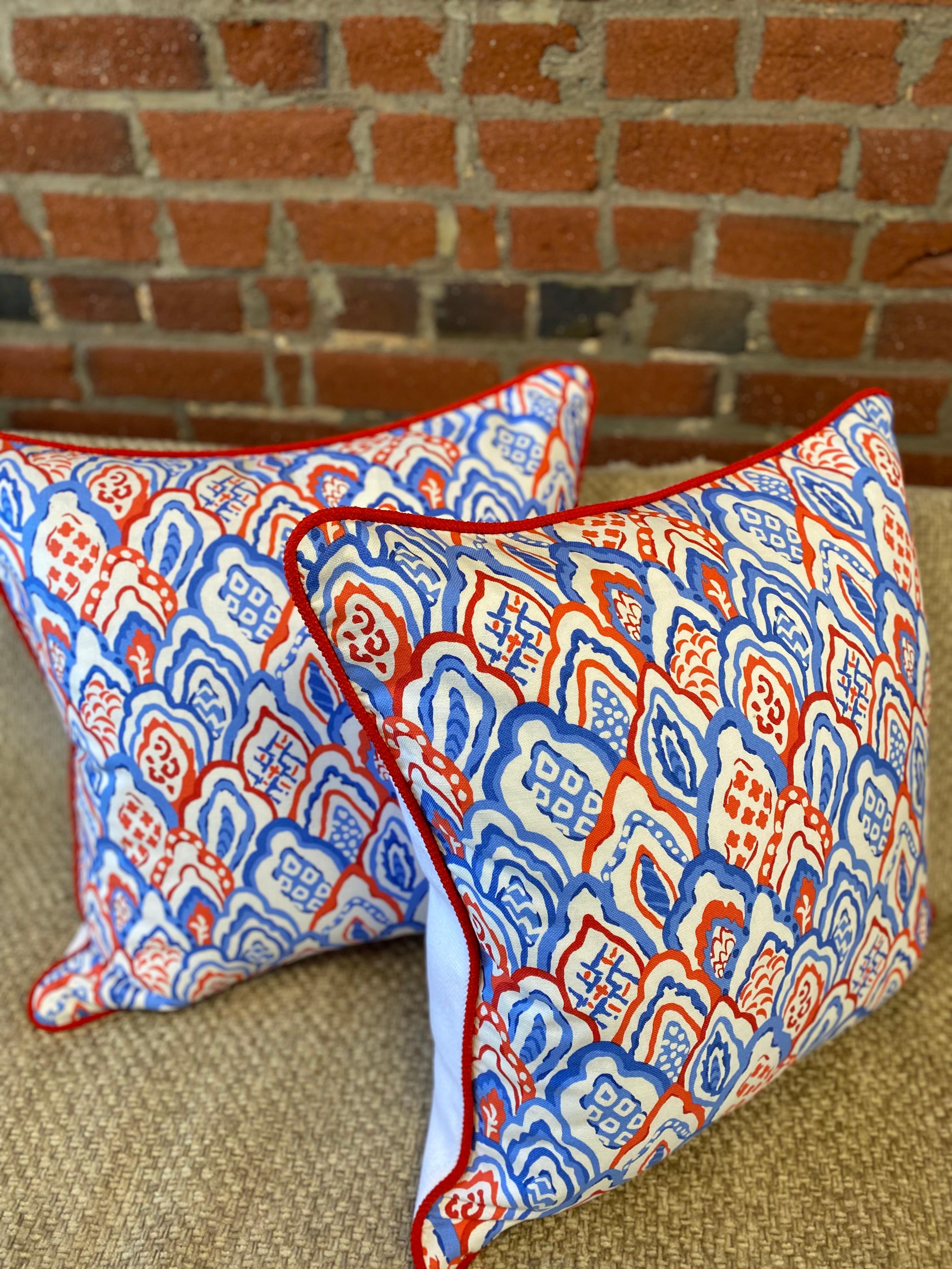 American Red and Blue Festive Print with Red Piping and Heavy White Linen Back  For Sale