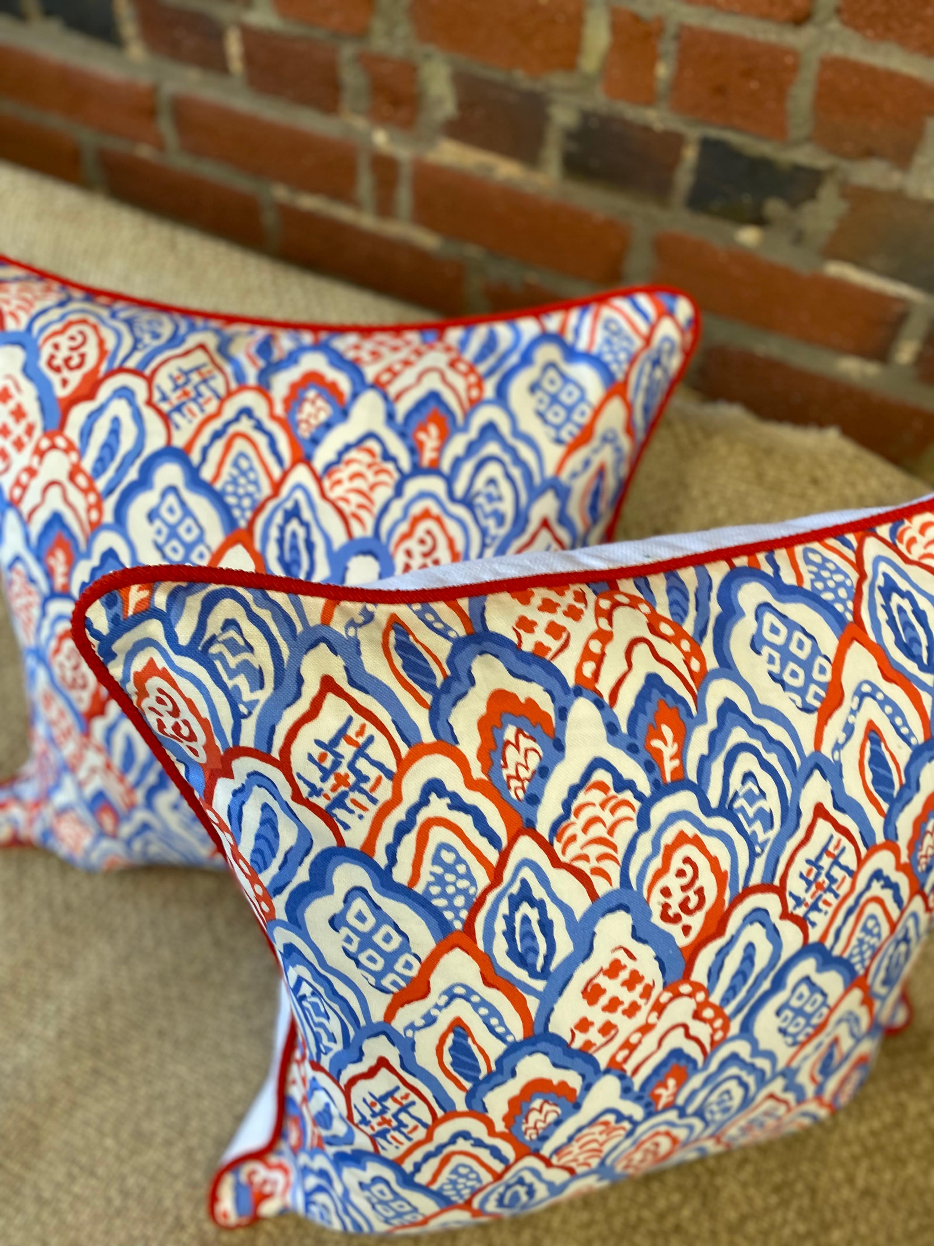 Red and Blue Festive Print with Red Piping and Heavy White Linen Back  In New Condition For Sale In Englewood, CO