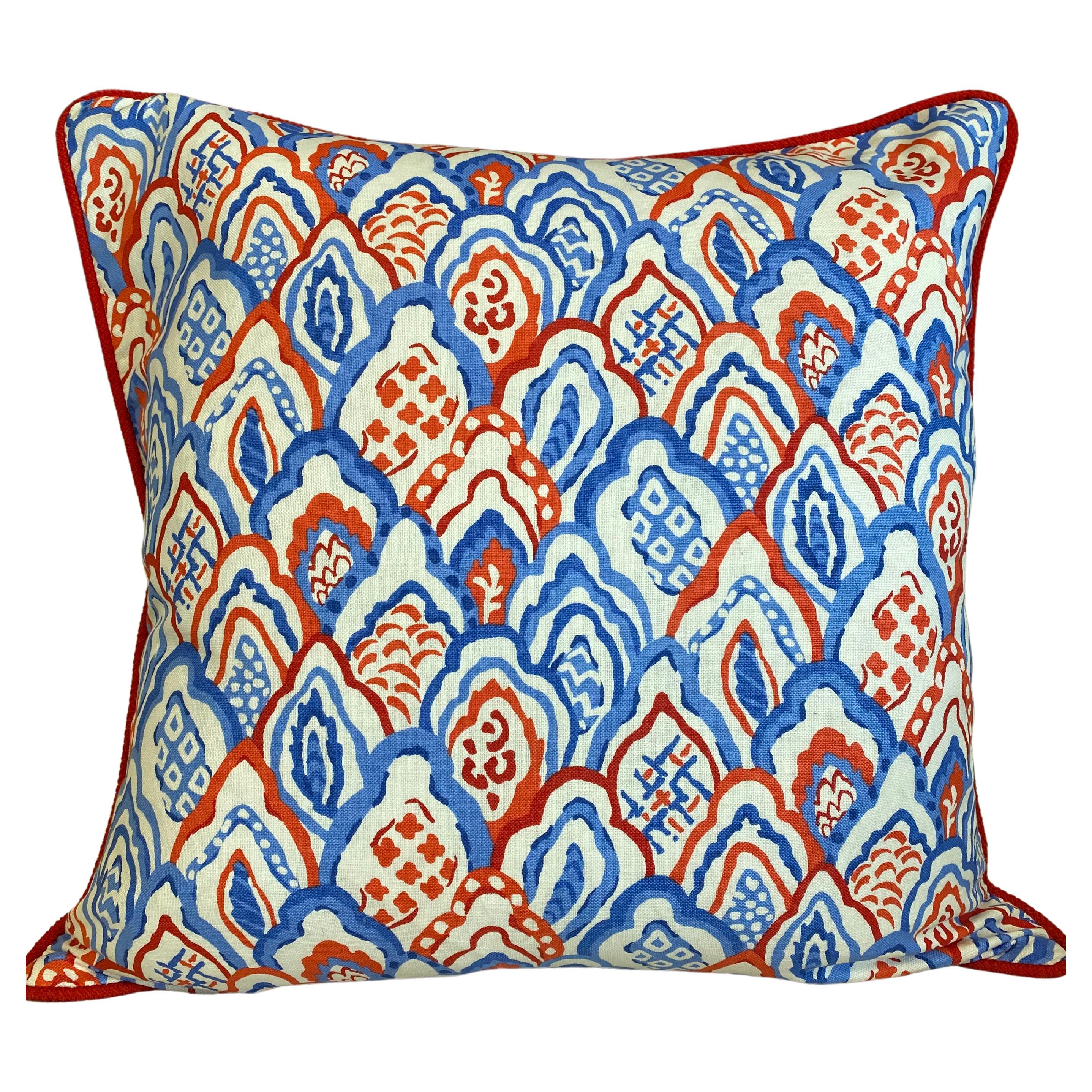 Red and Blue Festive Print with Red Piping and Heavy White Linen Back