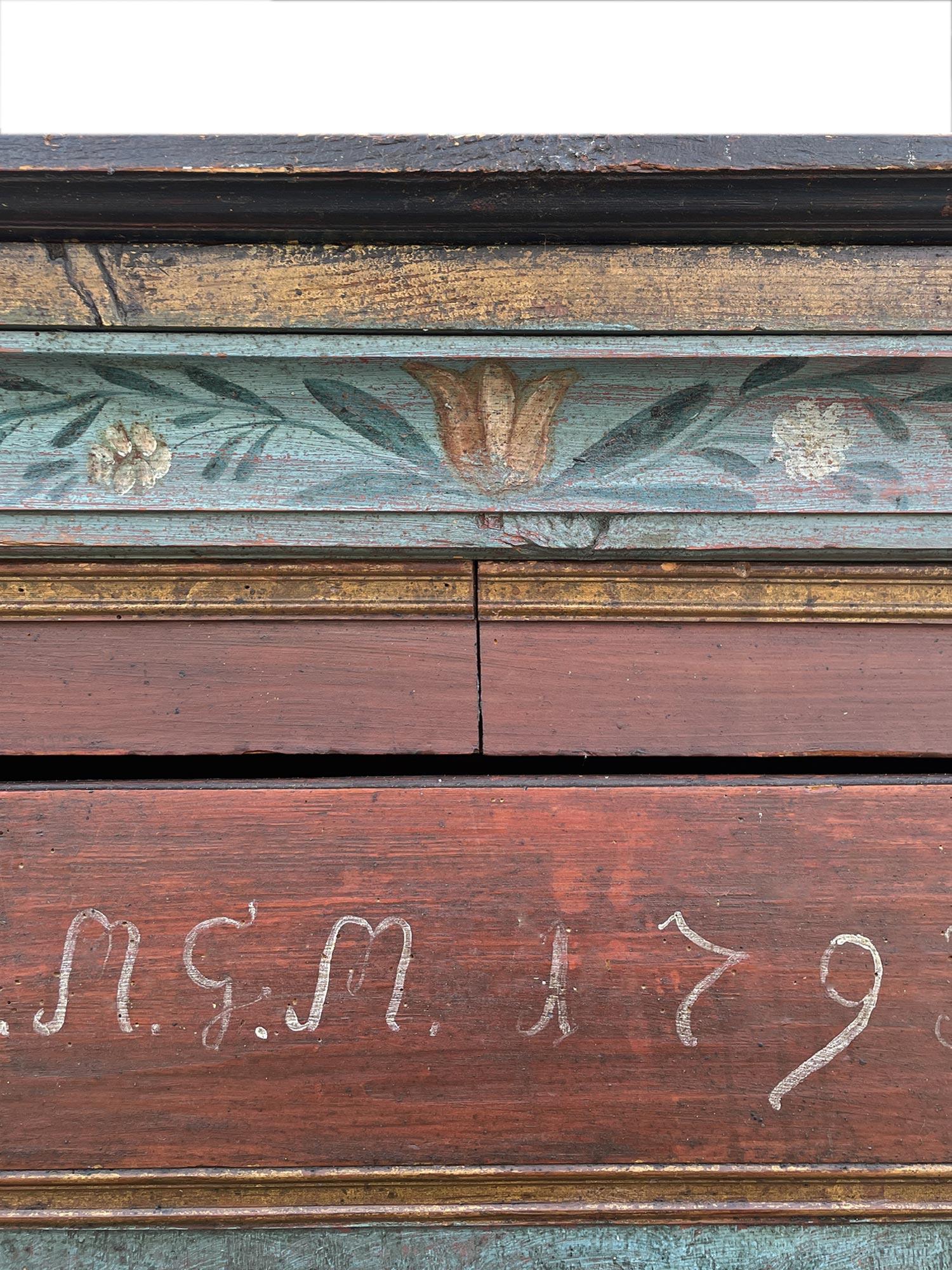 Red and Blue FLoral Painted Cupboard - 1793 in vendita 3