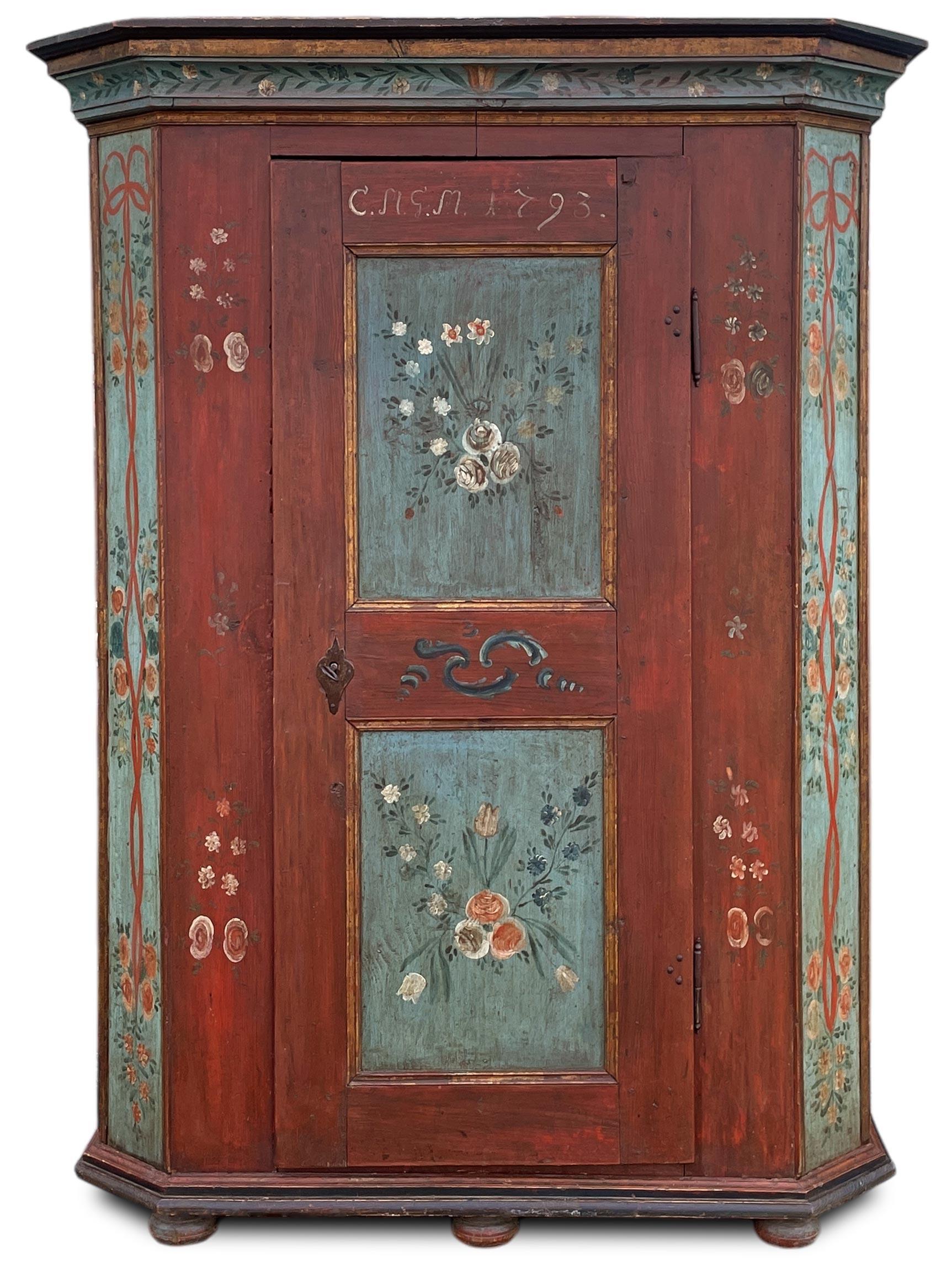 Painted Wardrobe dated 1793

Measurements: H. 188 cm – W. 126 cm (144 at the frames) – D. 47 cm (56 at the frames)
Period: 1793
Origin: Tyrol (European Alpine region)
Wood: Fir

Description:
Beautiful antique Tyrolean wardrobe, painted in dark