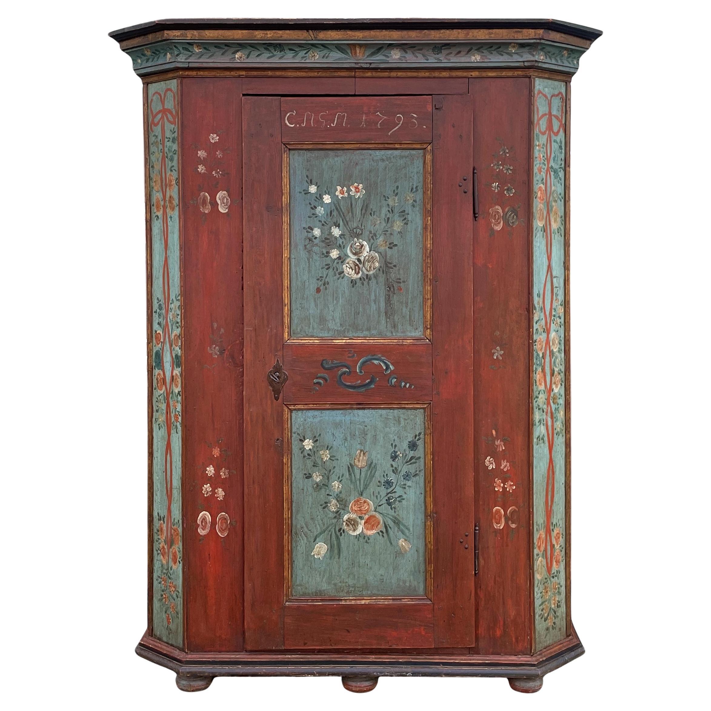Red and Blue FLoral Painted Cupboard - 1793 in vendita