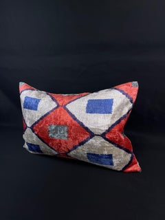 Red and Blue Geometric Design Velvet Silk Ikat Pillow Cover