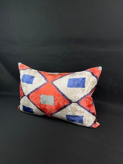 Red and Blue Geometric Design Velvet Silk Ikat Pillow Cover