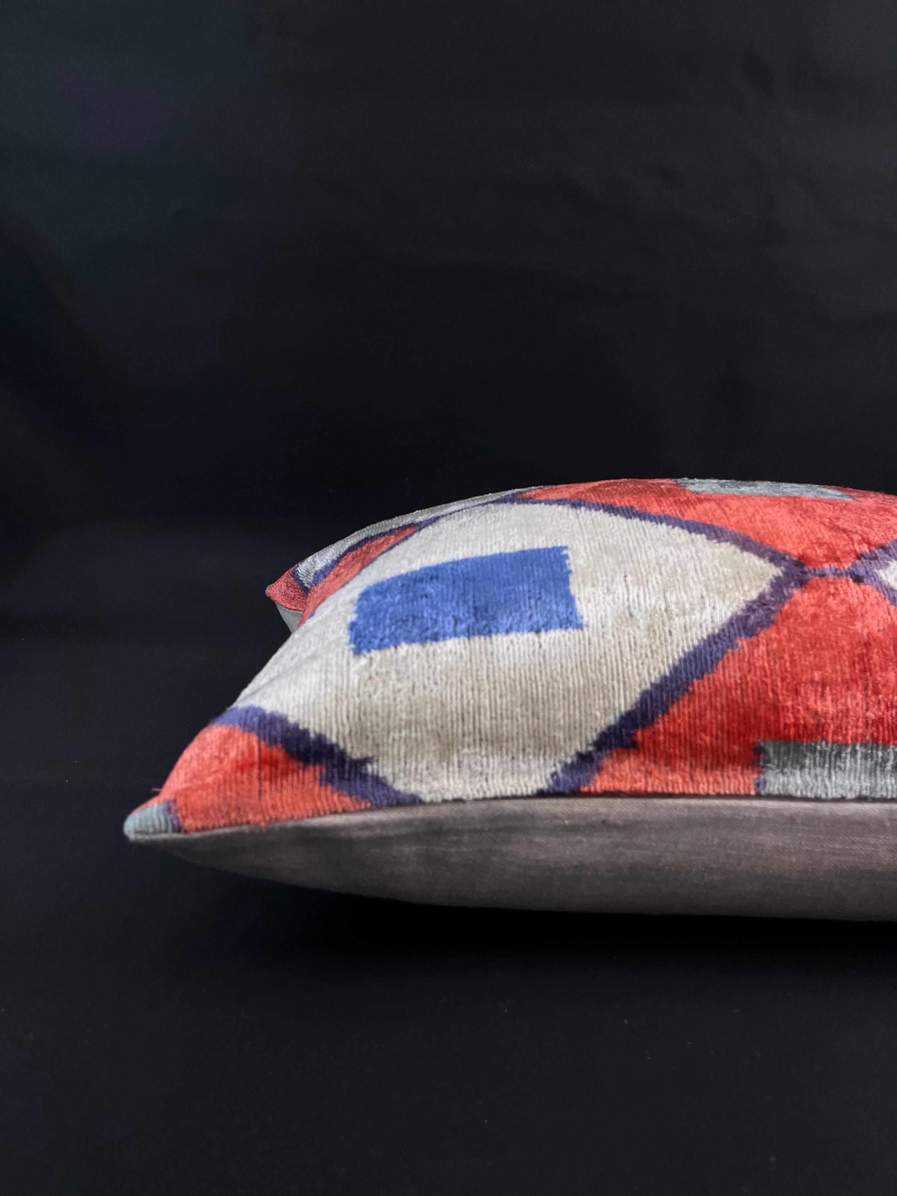 Turkish Red and Blue Geometric Design Velvet Silk Ikat Pillow Cover For Sale