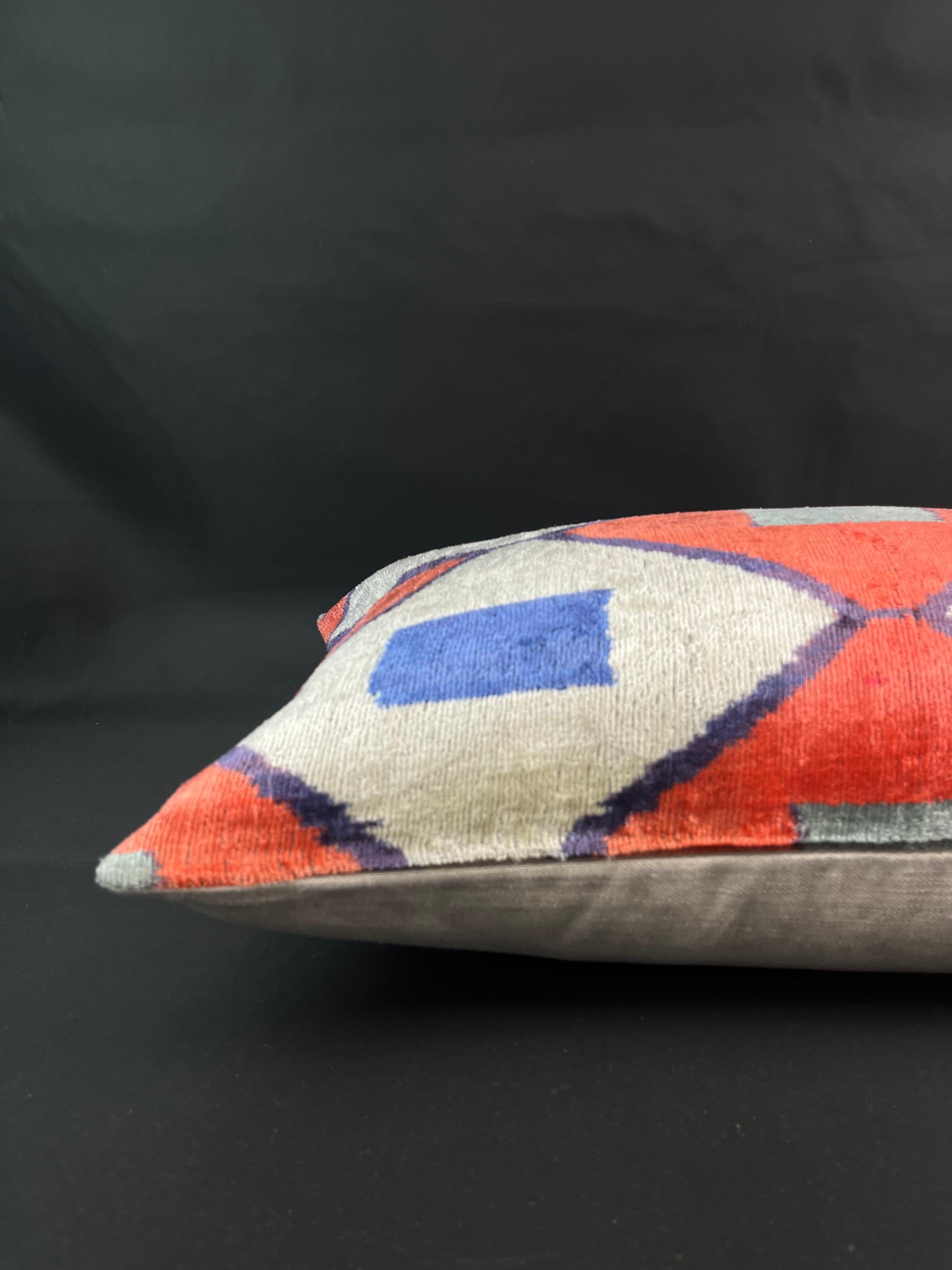 Turkish Red and Blue Geometric Design Velvet Silk Ikat Pillow Cover For Sale