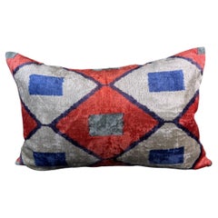 Red and Blue Geometric Design Velvet Silk Ikat Pillow Cover