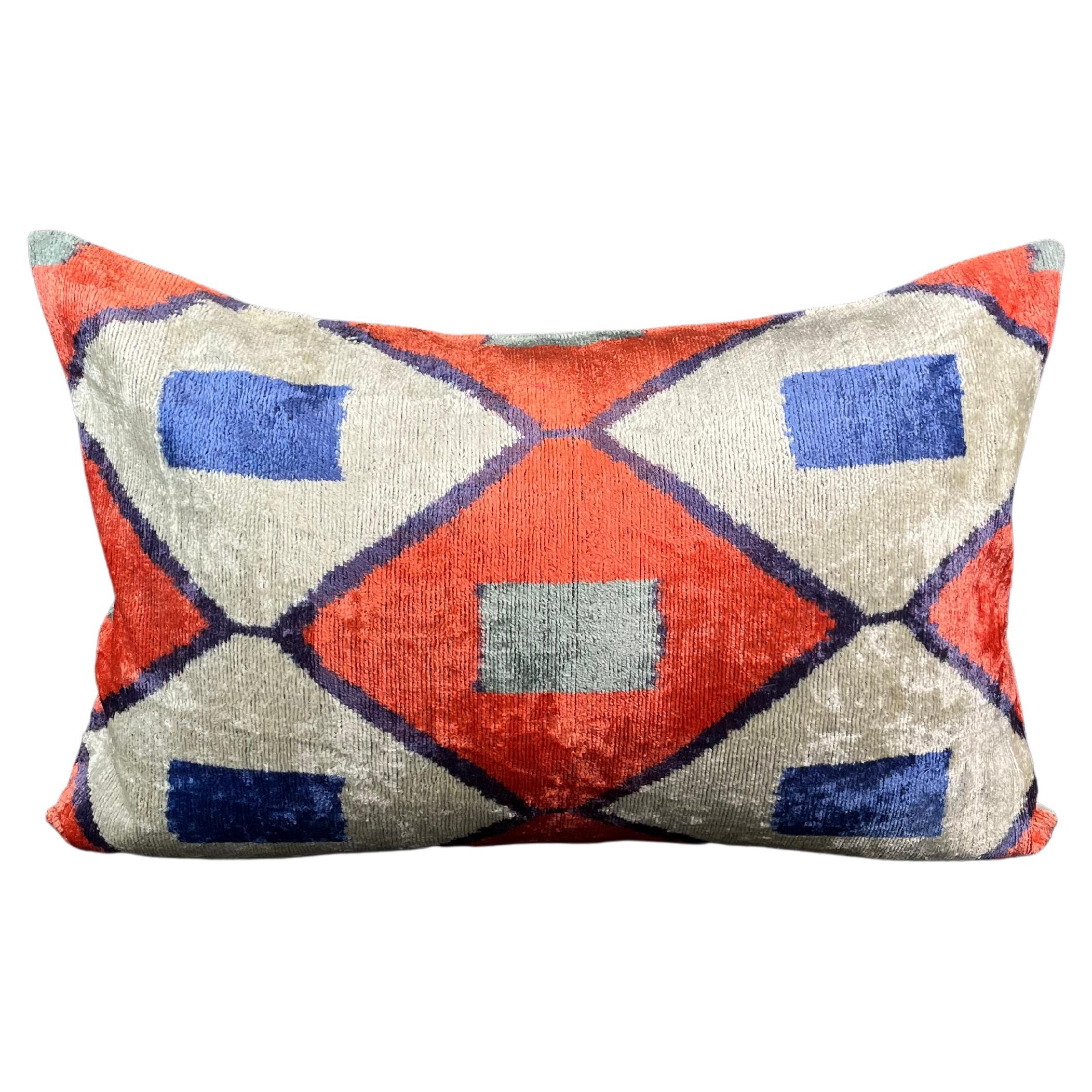 Red and Blue Geometric Design Velvet Silk Ikat Pillow Cover For Sale