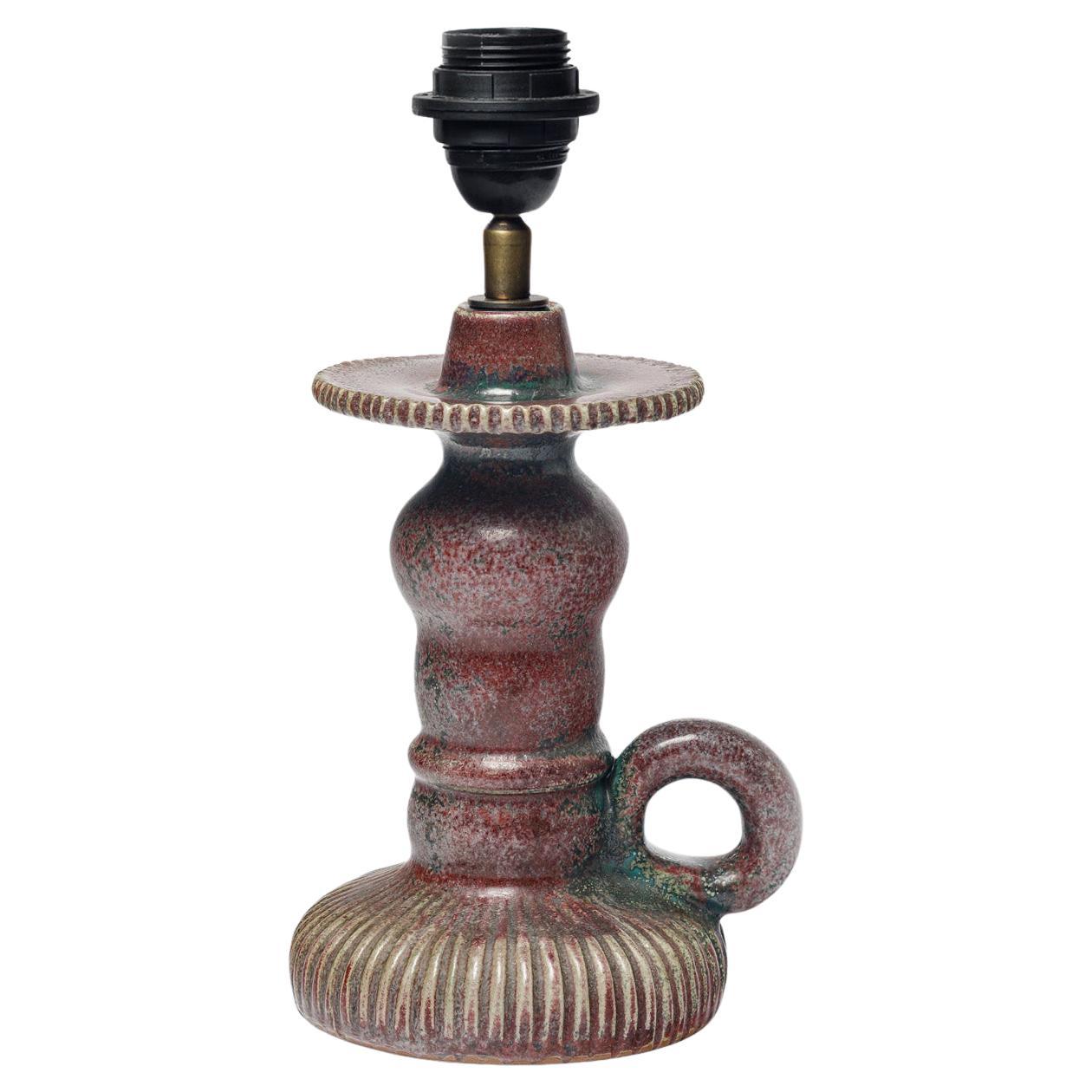 Red and blue glazed ceramic table lamp by Jean Maubrou, circa 1940-1950 For Sale