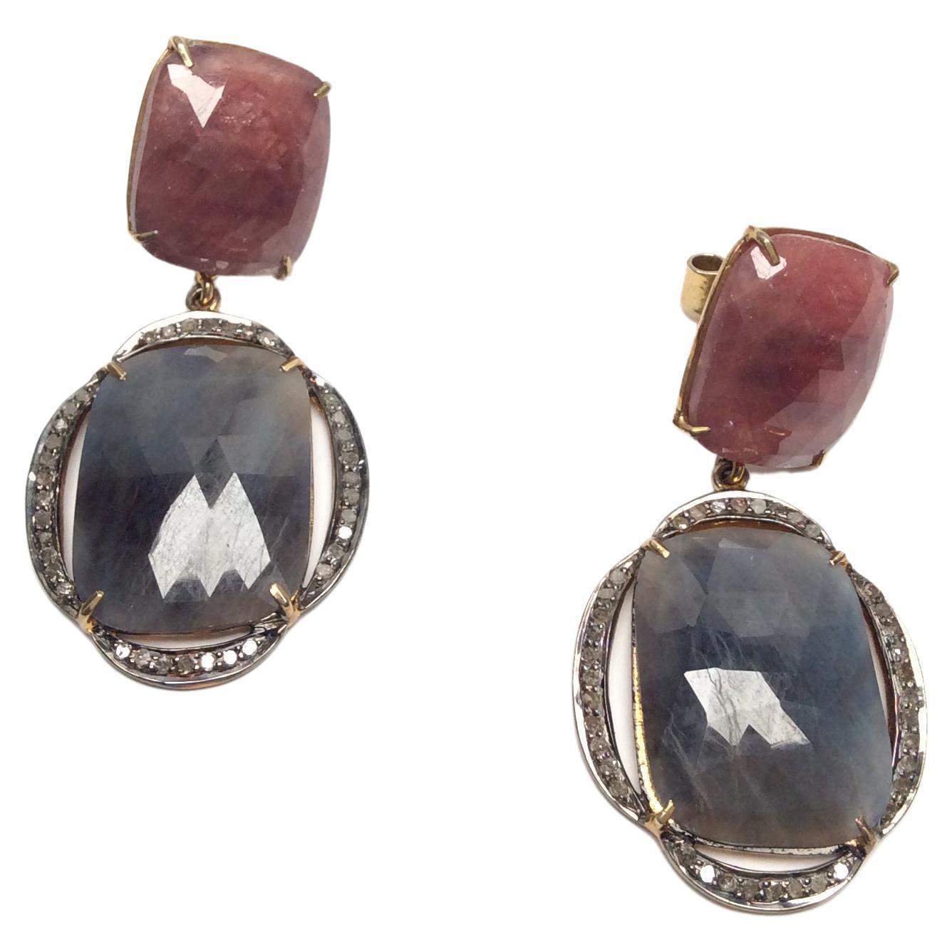 Red and Blue Sapphire and Diamond Earrings In Excellent Condition For Sale In Los Angeles, CA