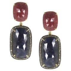 Red and Blue Sapphire and Diamond Slice Double Drop
