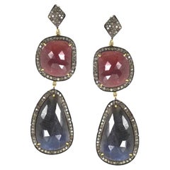 Red and Blue Sapphire and Diamond Slice Triple Drop Earrings