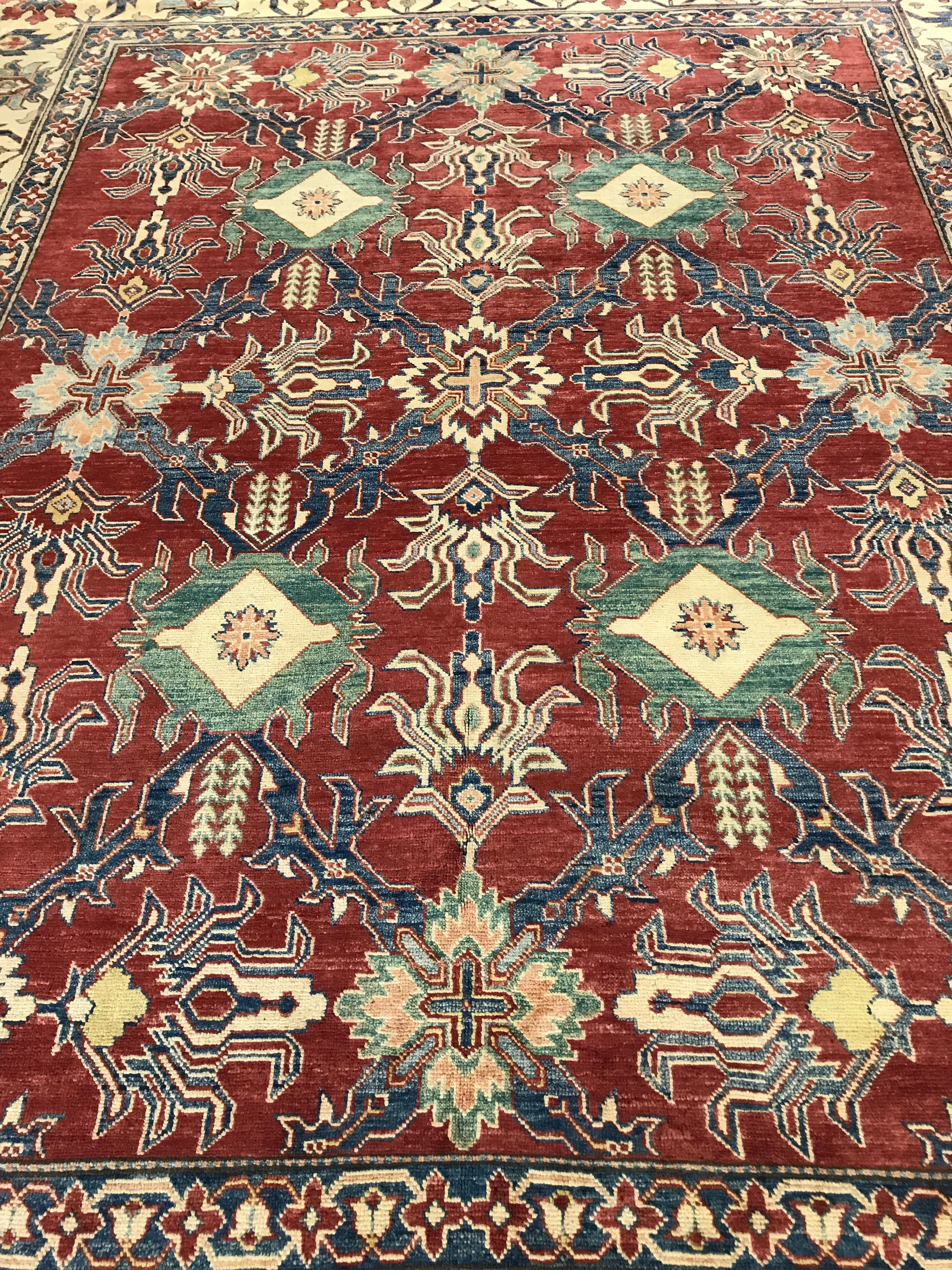 Pakistani Red and Blue Traditional Wool Area Rug For Sale