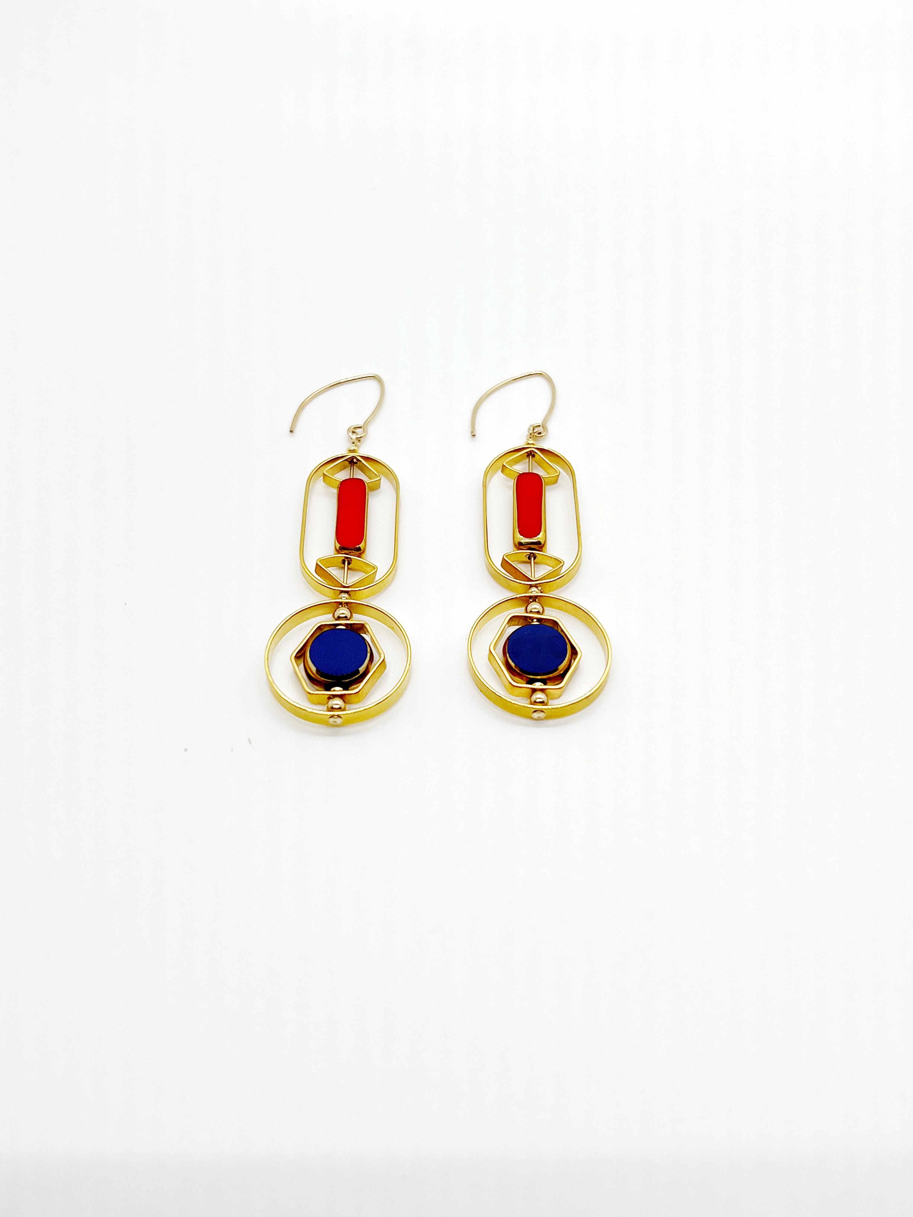 Red and Blue Vintage German Glass Beads Art Deco 2322E Earrings In New Condition For Sale In Monrovia, CA