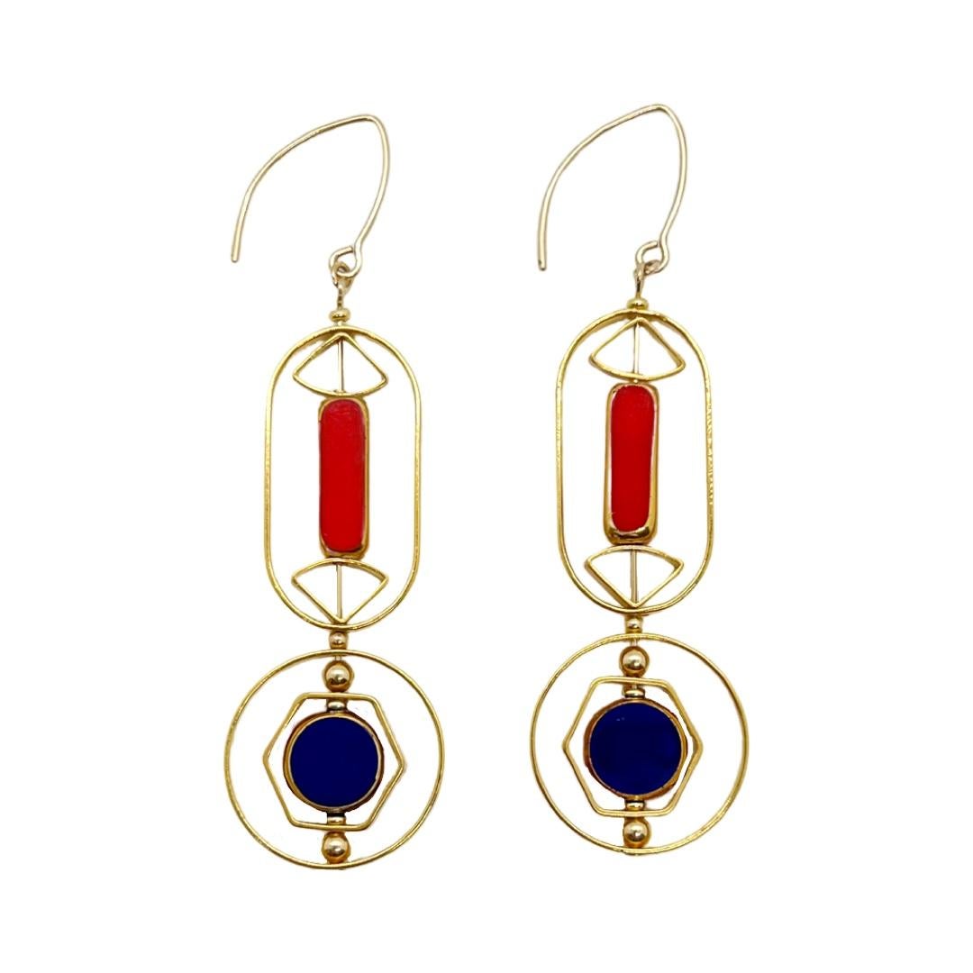 Boucles d'oreilles Art déco 2322E allemandes en perles de verre rouges et bleues Pour femmes en vente