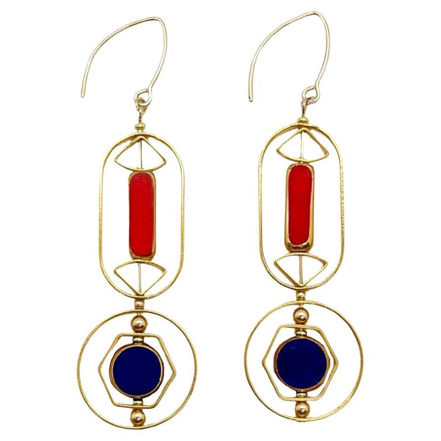 Red and Blue Vintage German Glass Beads Art Deco 2322E Earrings For Sale