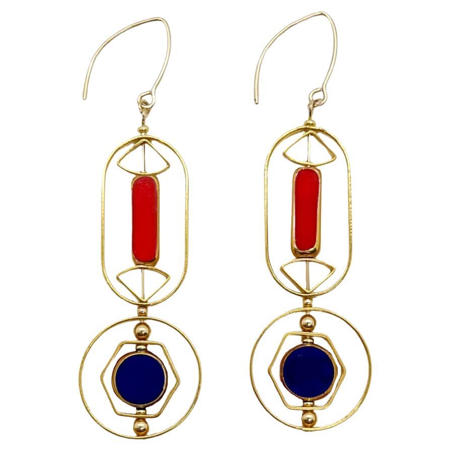 Red and Blue Vintage German Glass Beads Art Deco 2322E Earrings