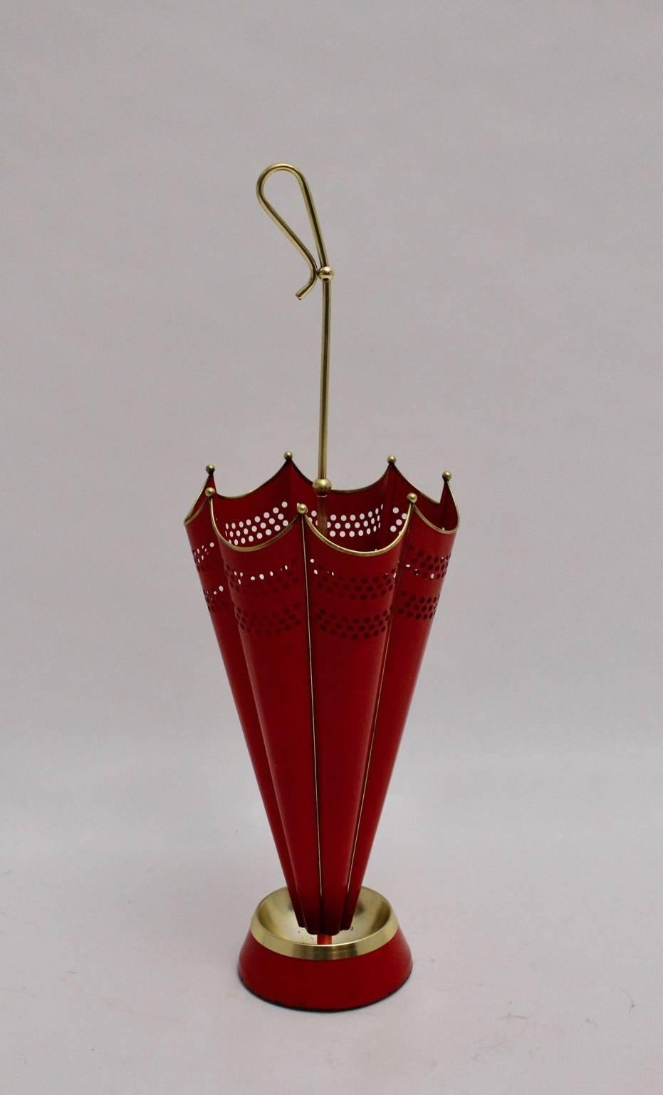 Red and Brass Mid-Century Modern Umbrella Stand, 1950s, Italy In Good Condition In Vienna, AT