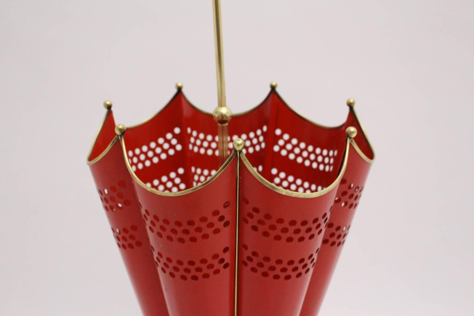 20th Century Red and Brass Mid-Century Modern Umbrella Stand, 1950s, Italy