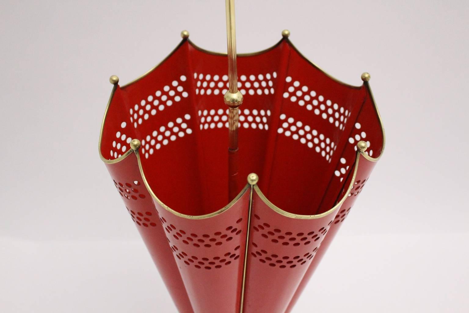 Red and Brass Mid-Century Modern Umbrella Stand, 1950s, Italy 4
